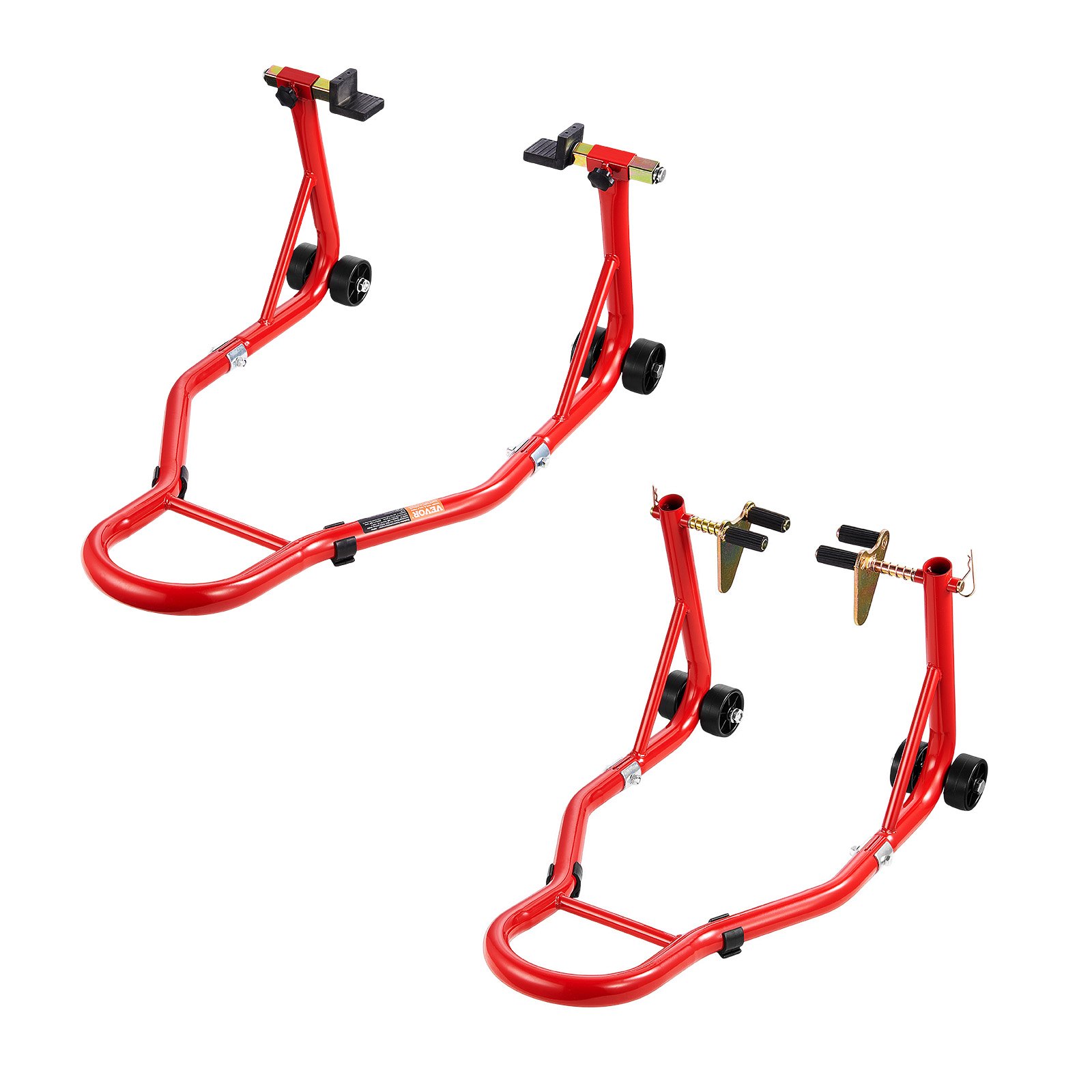 VEVOR Motorfietsstandaardlift (385 kg laadvermogen) voor- en achter dubbele vorkstandaard, achter U+L vork swingarm spoelstandaard, voor de meeste Yamaha Honda Kawasaki Suzuki motorfietsen, rood