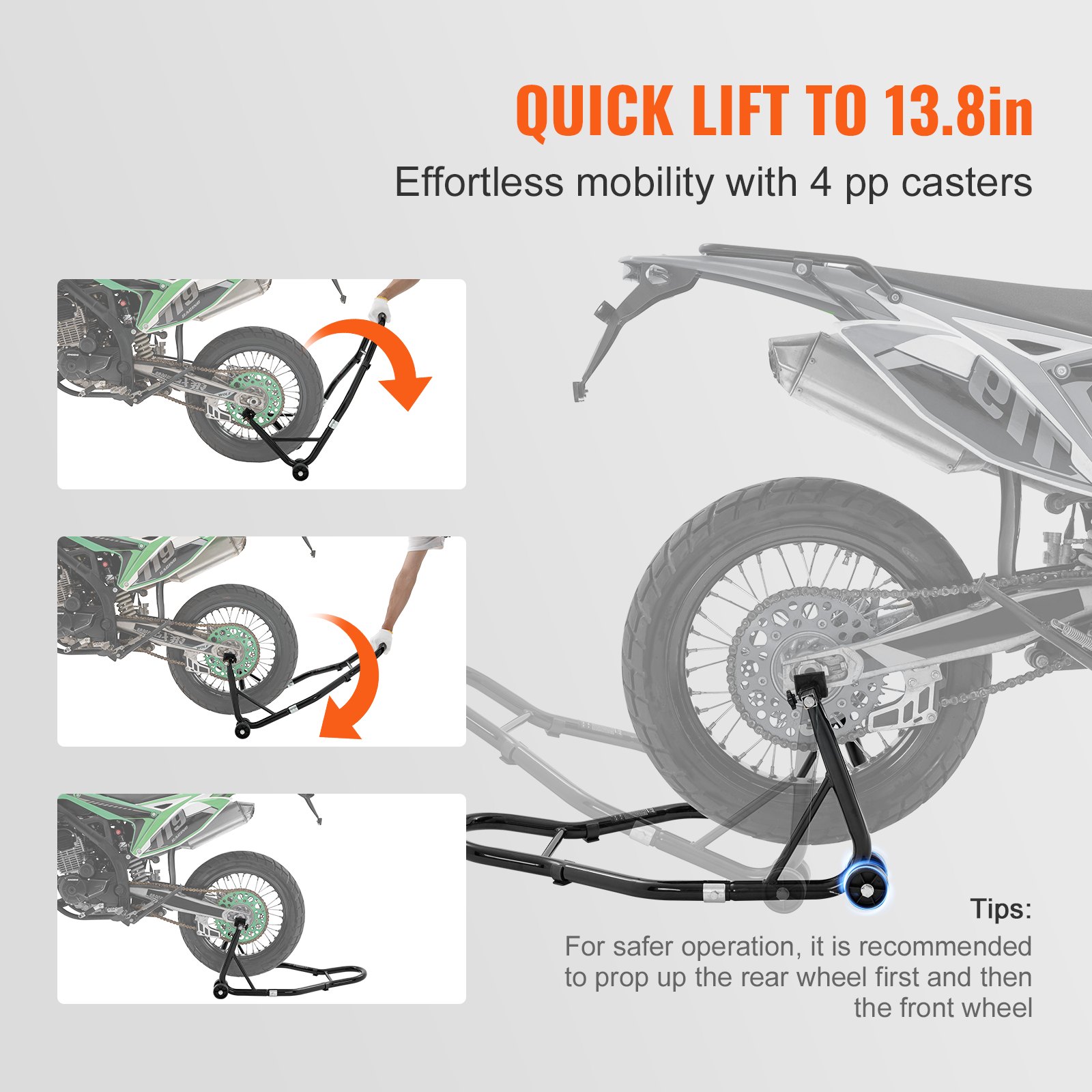 VEVOR Motorfietsstandaardset Montagestandaard Achter & Voor 0,39 t Laadvermogen, U-type + L-type + Dubbele vorkkoppen, 225-350 mm / 230-330 mm / 165-240 mm Rolbaar Montagestandaard Montagelift Montagekrik