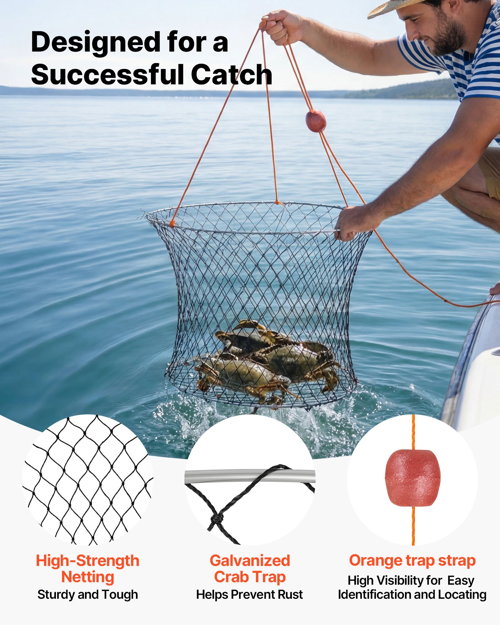 VEVOR Double Ring Crab Trap, 60 cm Top, 50 cm Bottom, Two Rings Crab Kit, Foldable Fishing Net with Gauge, 60 ft Rope, Wire Grid Bottom, Rock and Blue Crab, Dock & Pier Crabbing, 2 Set