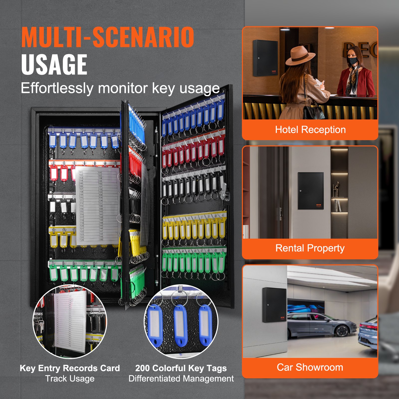 VEVOR 200-Key Cabinet, Key Lock Box with Adjustable Racks, Security Key Storage Box Steel, Key Organizer with 200 Colorful Key Tags and 4 Record Cards for School, Office, Hotel