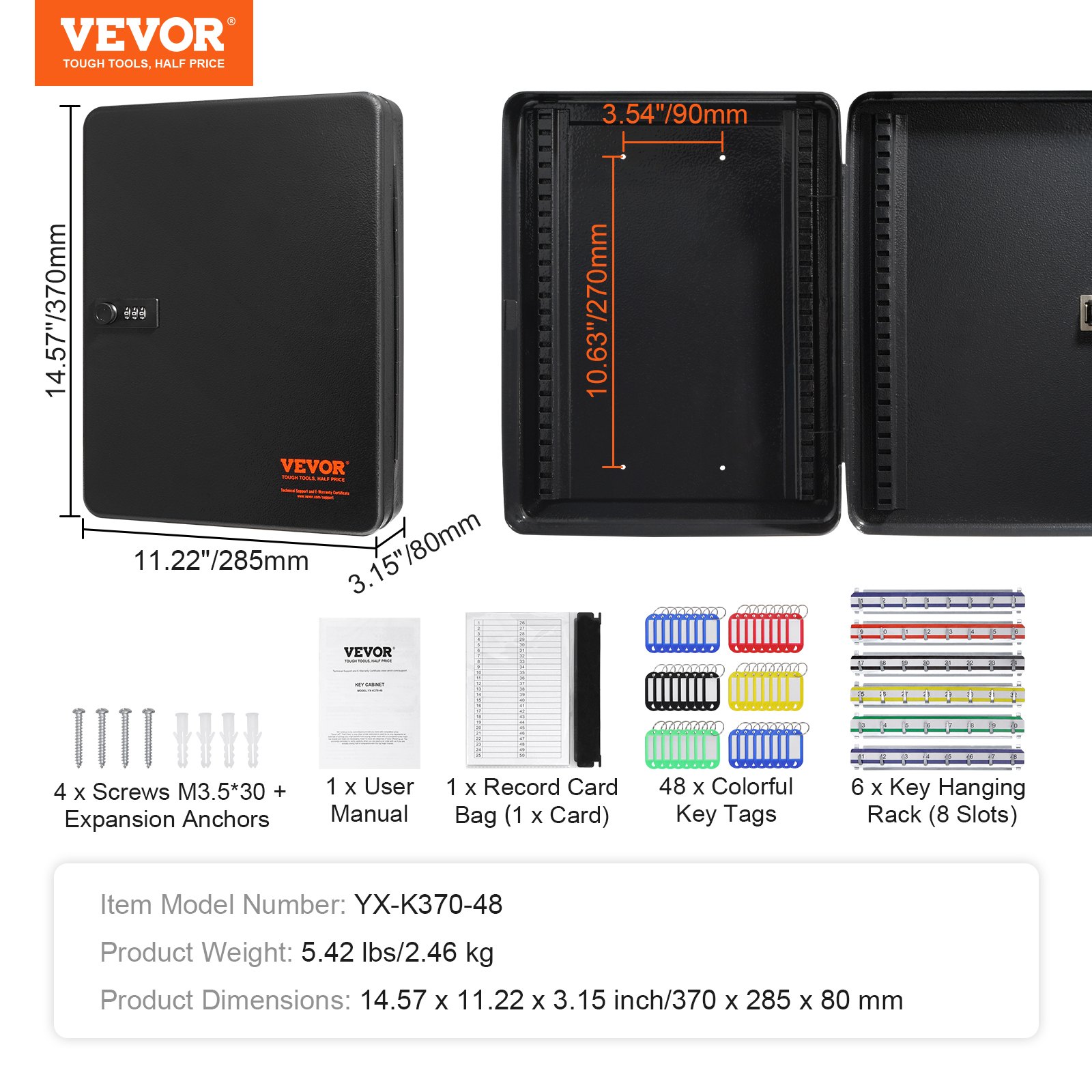 VEVOR 48-Key Cabinet, Key Safe with Combination & Key Lock, Digital Security Storage Box Steel Key Organizer with Adjustable Racks, 48 pcs Colorful Key Tags and A Record Card for School, Office, Hotel