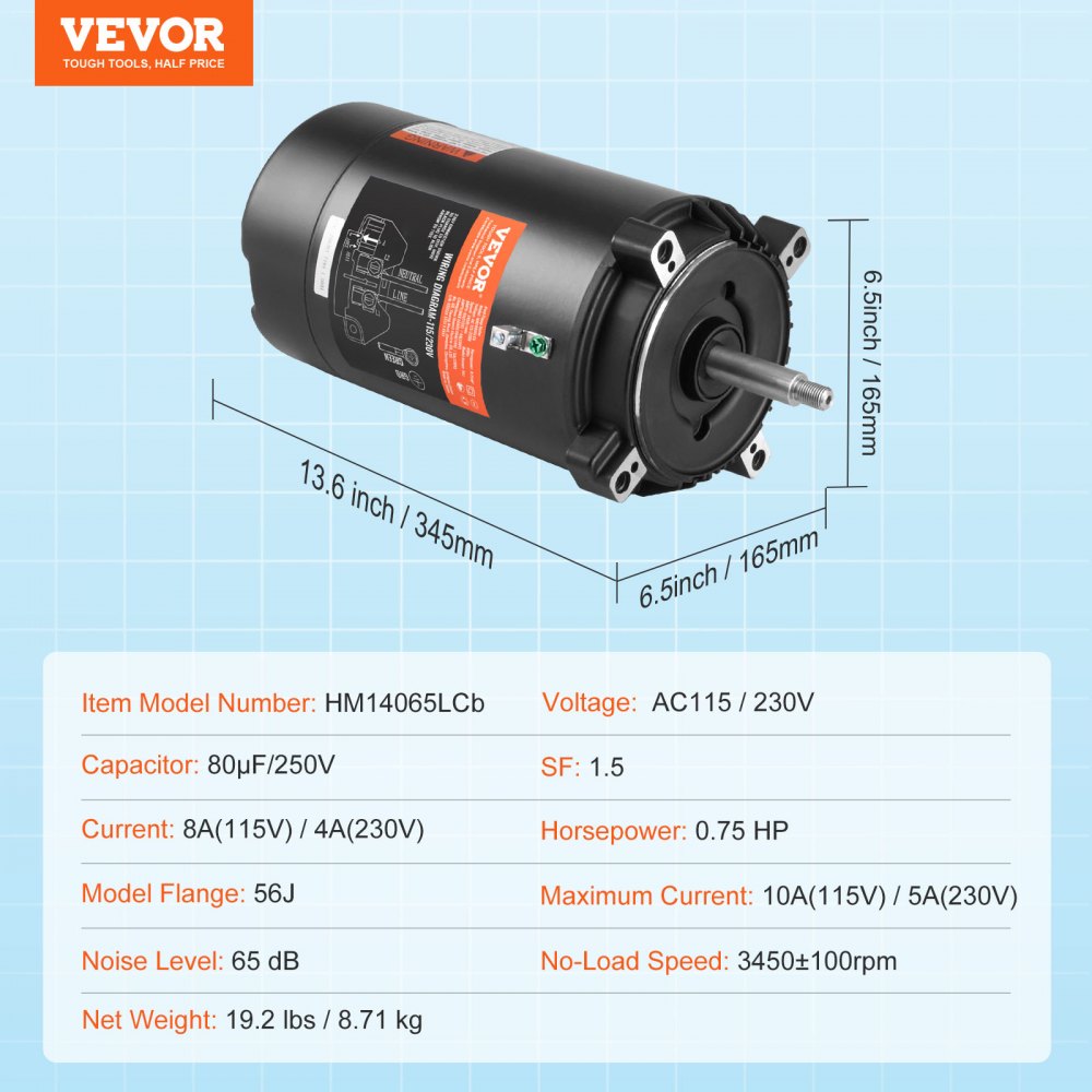 VEVOR 0,75 pk zwembadpompmotor, 56J frame, 115 V (8 ampère) / 230 V (4 ampère) 3450 tpm, 60 Hz, 1,5 duty-factor, 80 μF / 250 V condensator, linksom draaiende ronde flens vervangende motor