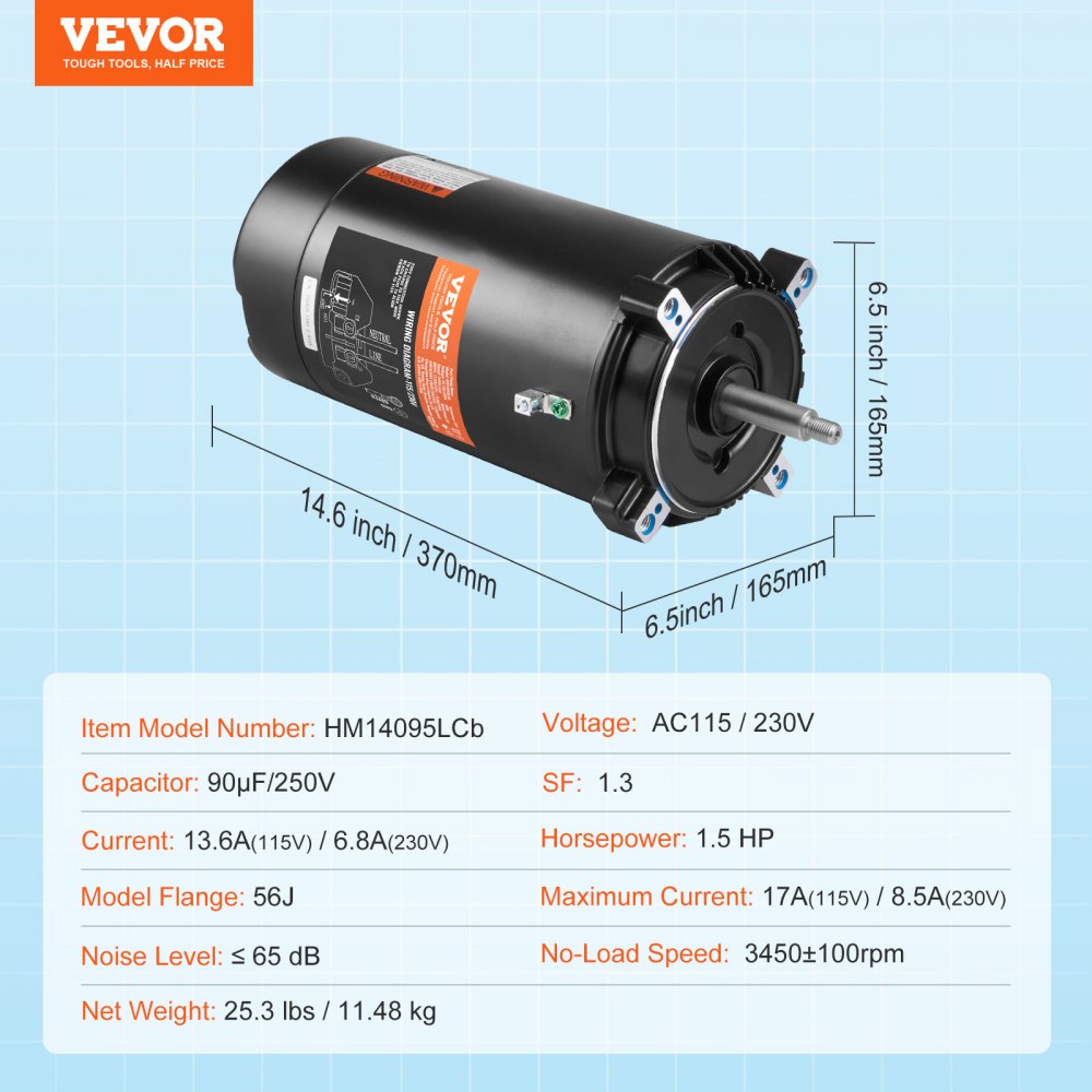 VEVOR 1,5 pk zwembadpompmotor, 56J frame, 115 V (13,6 ampère) / 230 V (6,8 ampère) 3450 tpm, 60 Hz, 1,3 duty-factor, 90 μF / 250 V condensator, linksom draaiende ronde flens vervangende motor