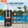 VEVOR pool pump motor 1.5hp by a clear pool, with specs on amperage, rotation, and capacitor values.