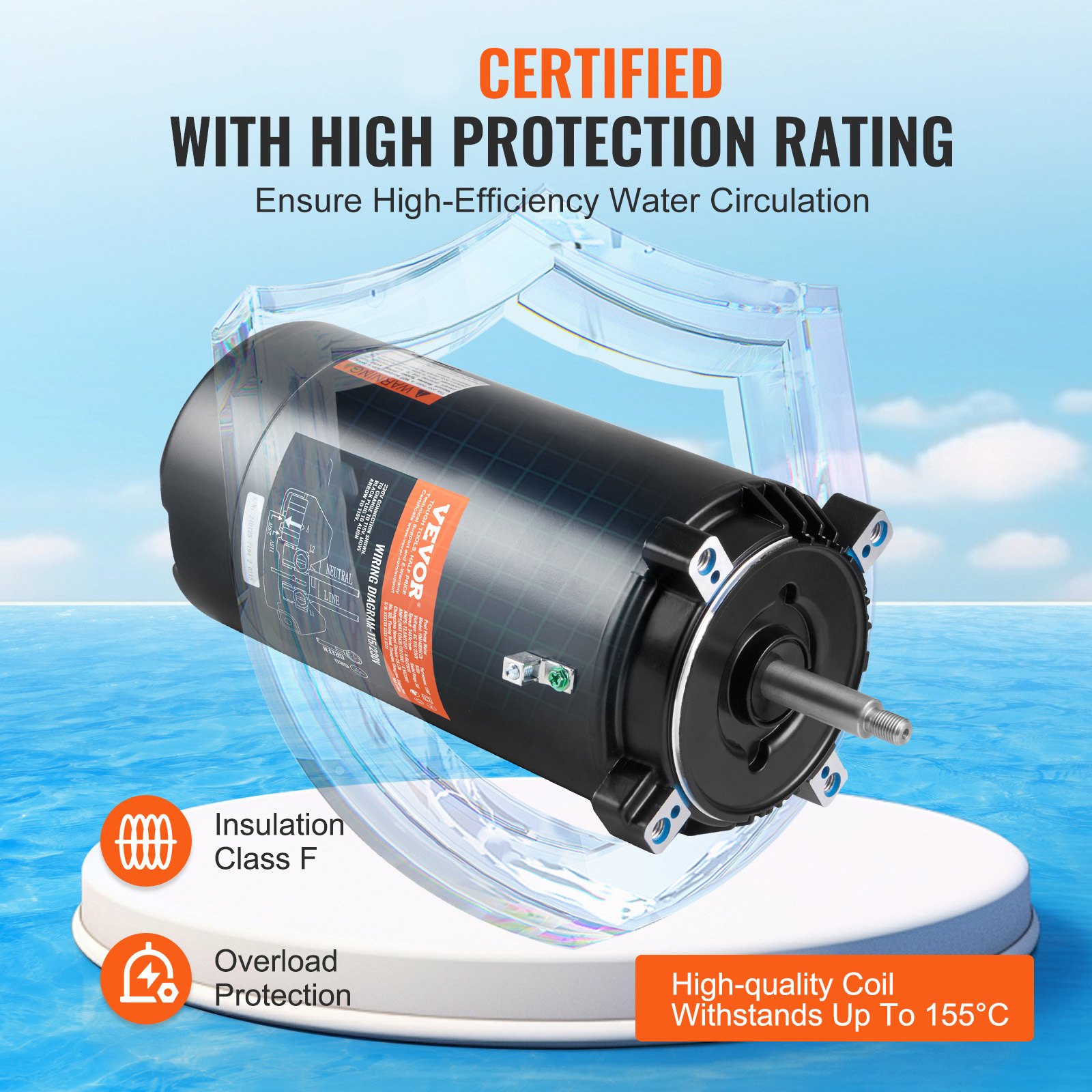 VEVOR 1,5 pk zwembadpompmotor, 56J frame, 115 V (13,6 ampère) / 230 V (6,8 ampère) 3450 tpm, 60 Hz, 1,3 duty-factor, 90 μF / 250 V condensator, linksom draaiende ronde flens vervangende motor