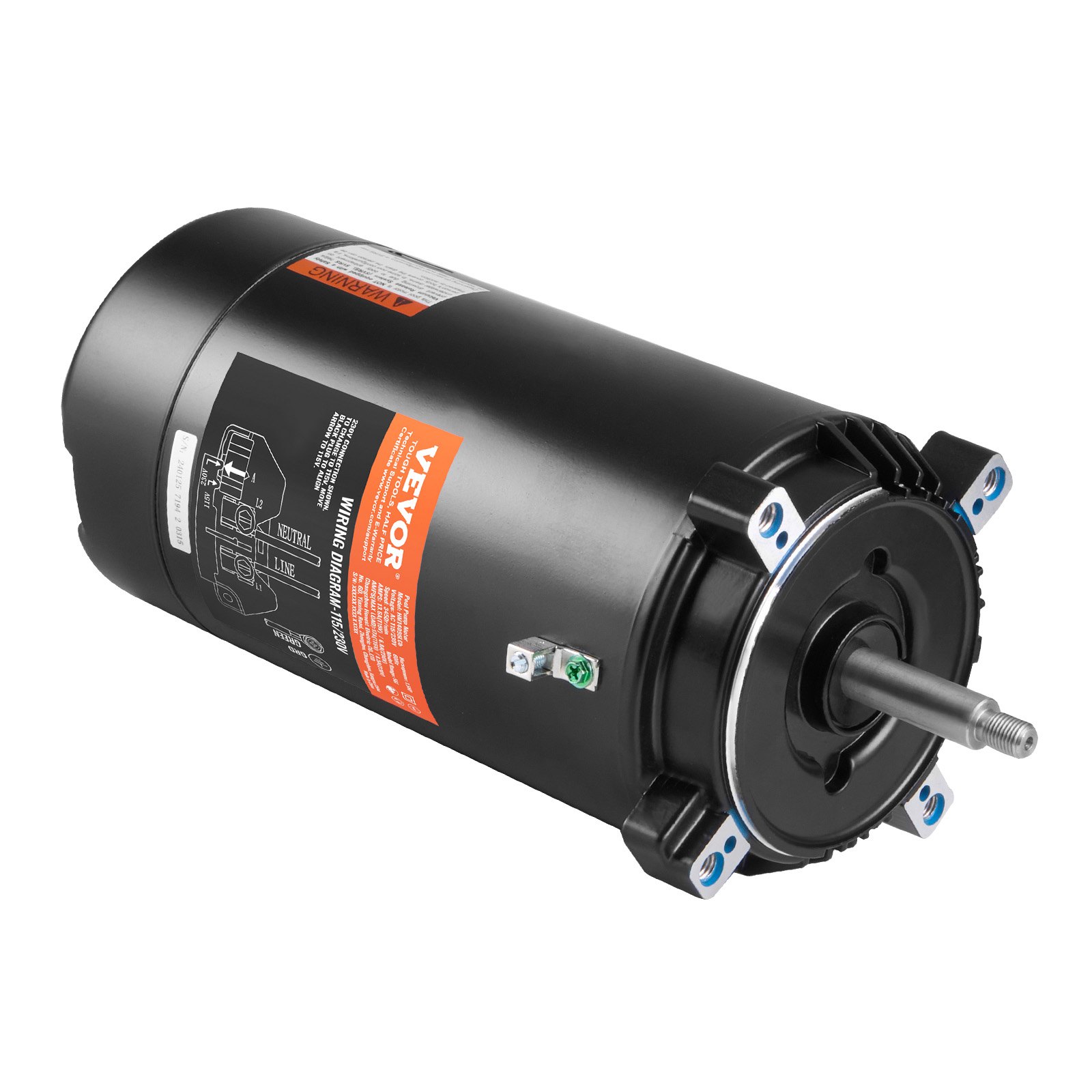 VEVOR 1,5 pk zwembadpompmotor, 56J frame, 115 V (13,6 ampère) / 230 V (6,8 ampère) 3450 tpm, 60 Hz, 1,3 duty-factor, 90 μF / 250 V condensator, linksom draaiende ronde flens vervangende motor
