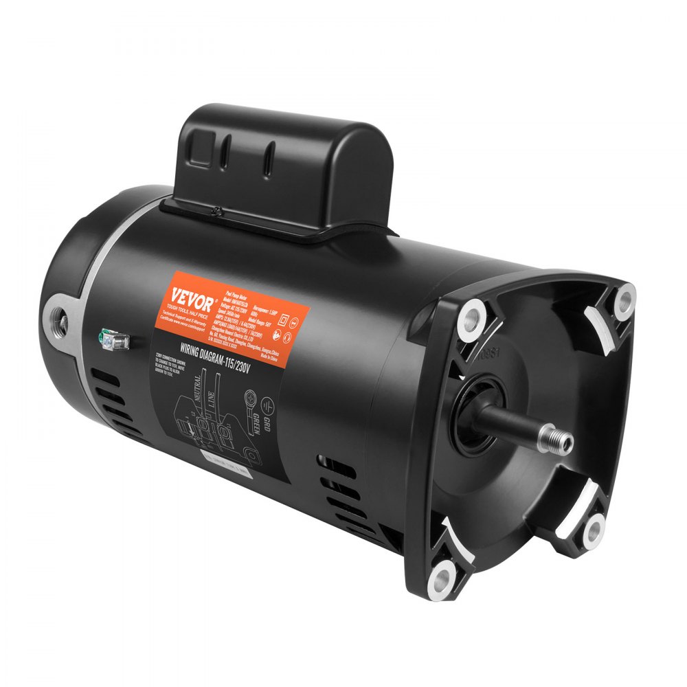 black VEVOR pool pump motor with wiring diagram and orange label in a white background.