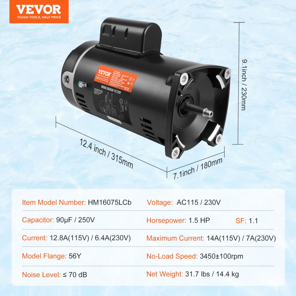 VEVOR 1,5 pk zwembadpompmotor, 56Y-frame, 115 V (12,8 ampère) / 230 V (6,4 ampère) 3450 tpm, 60 Hz, 1,1 duty-factor, 90 μF / 250 V condensator, linksom draaiende vierkante flens vervangende motor