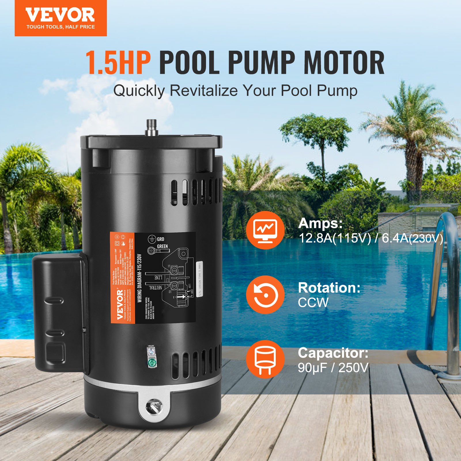 VEVOR 1,5 pk zwembadpompmotor, 56Y-frame, 115 V (12,8 ampère) / 230 V (6,4 ampère) 3450 tpm, 60 Hz, 1,1 duty-factor, 90 μF / 250 V condensator, linksom draaiende vierkante flens vervangende motor