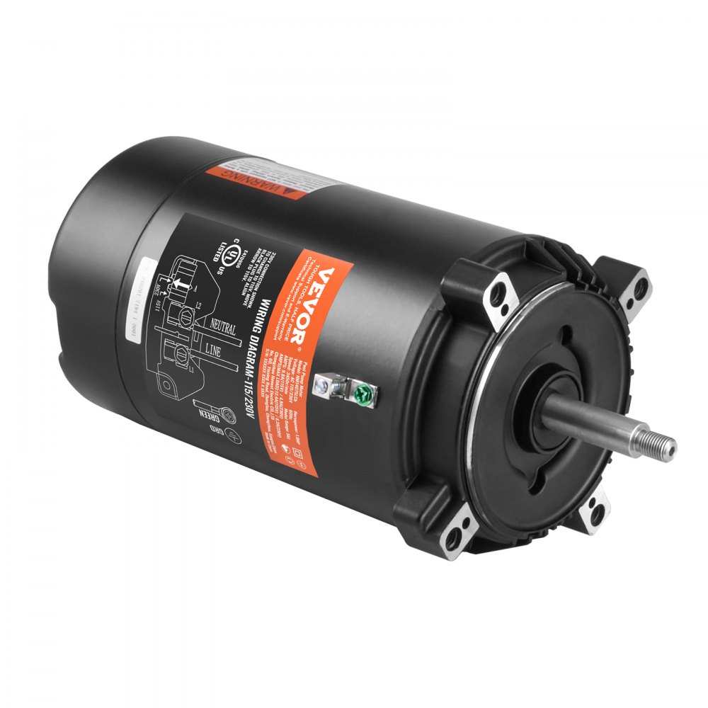 VEVOR pool pump motor in black with a visible wiring diagram and mounting brackets.