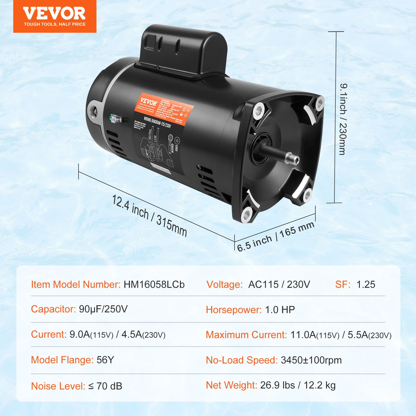 VEVOR 1 HP zwembadpompmotor, 56Y frame, 115 V (9 ampère) / 230 V (4,5 ampère) 3450 tpm, 60 Hz, 1,25 duty-factor, 90 μF / 250 V condensator, linksom draaiende vierkante flens vervangende motor