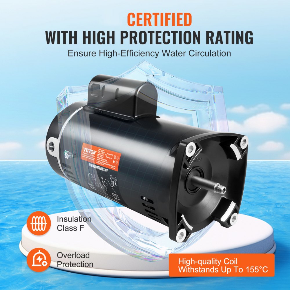 VEVOR 2 HP zwembadpompmotor, 56Y frame, 230 V (7,8 ampère), 3450 tpm, 60 Hz, 1,3 duty-factor, 50 μF/250 V condensator, linksdraaiende vierkante flens vervangende motor