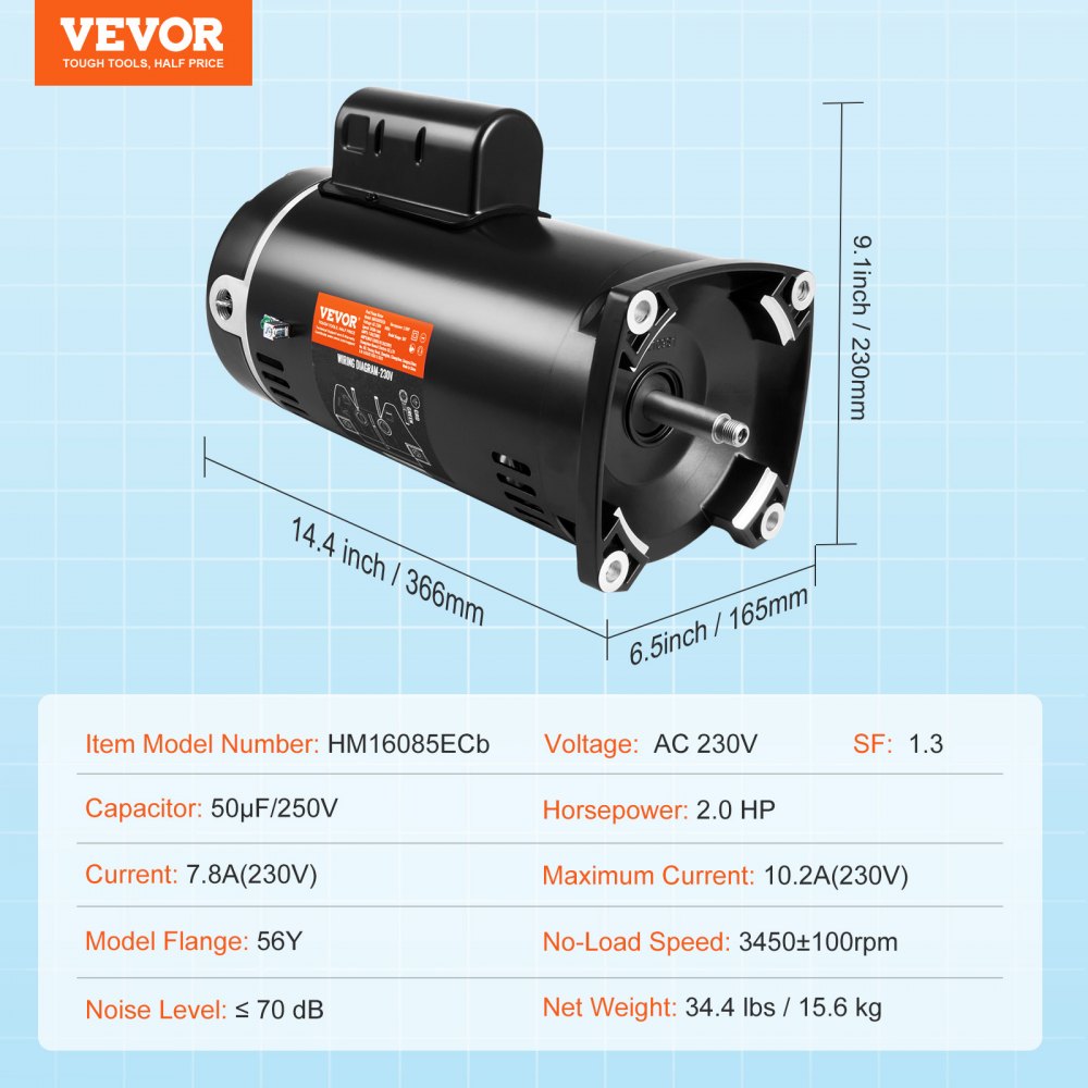 VEVOR 2 HP zwembadpompmotor, 56Y frame, 230 V (7,8 ampère), 3450 tpm, 60 Hz, 1,3 duty-factor, 50 μF/250 V condensator, linksdraaiende vierkante flens vervangende motor