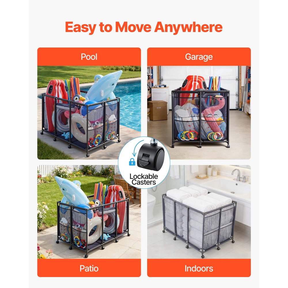 VEVOR Zwembadopbergbox, 125x84x84 cm, Opbergdoos, Opbergkar, Organizer met zijvakken en wielen, Stevig metalen frame, Gaasmand voor zwembadspeelgoed