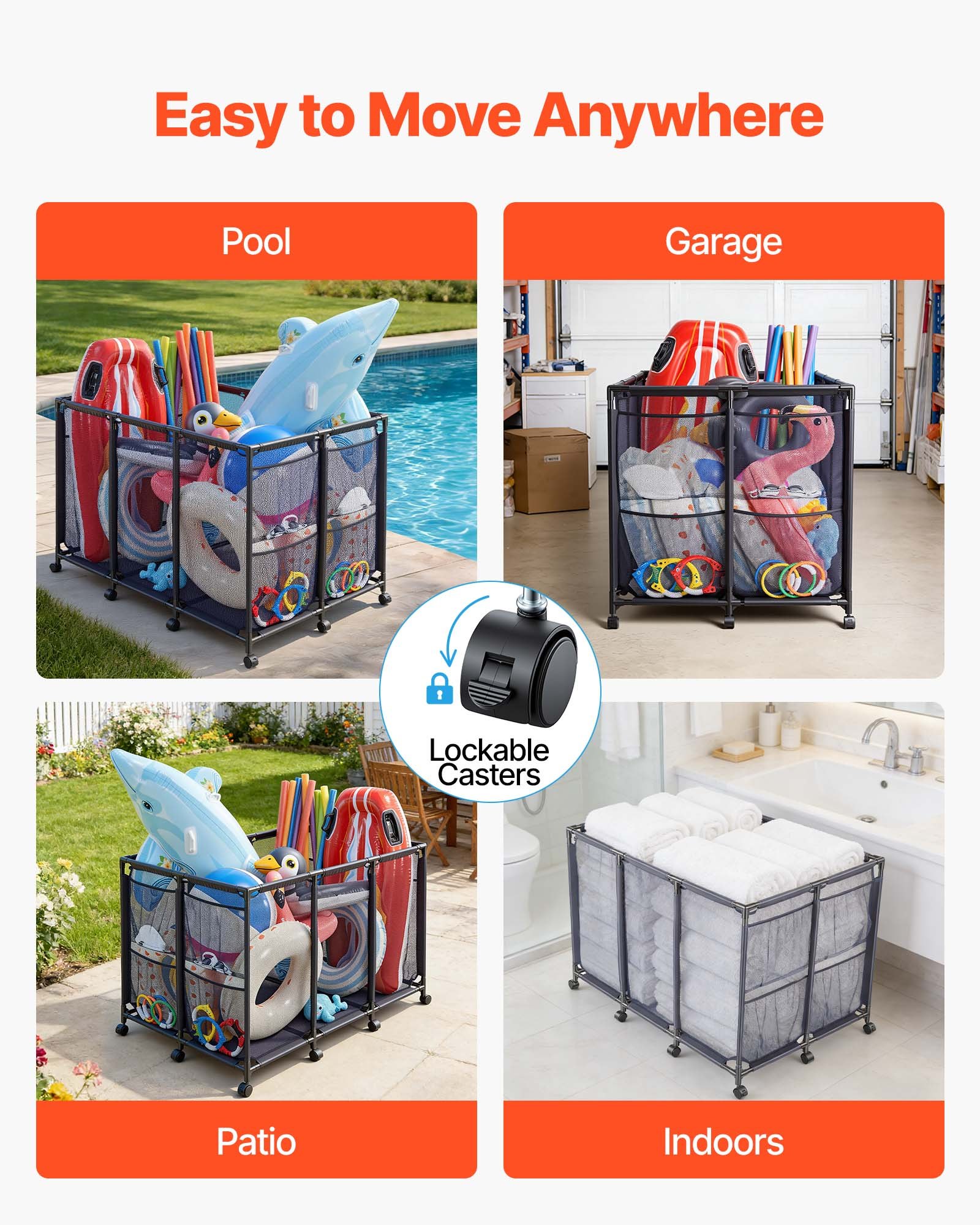 VEVOR Zwembadopbergbox, 125x84x84 cm, Opbergdoos, Opbergkar, Organizer met zijvakken en wielen, Stevig metalen frame, Gaasmand voor zwembadspeelgoed