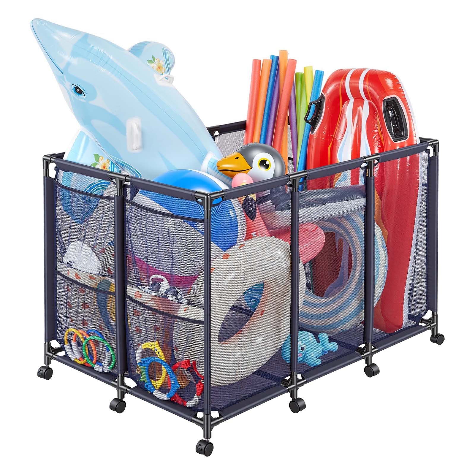 VEVOR Zwembadopbergbox, 125x84x84 cm, Opbergdoos, Opbergkar, Organizer met zijvakken en wielen, Stevig metalen frame, Gaasmand voor zwembadspeelgoed