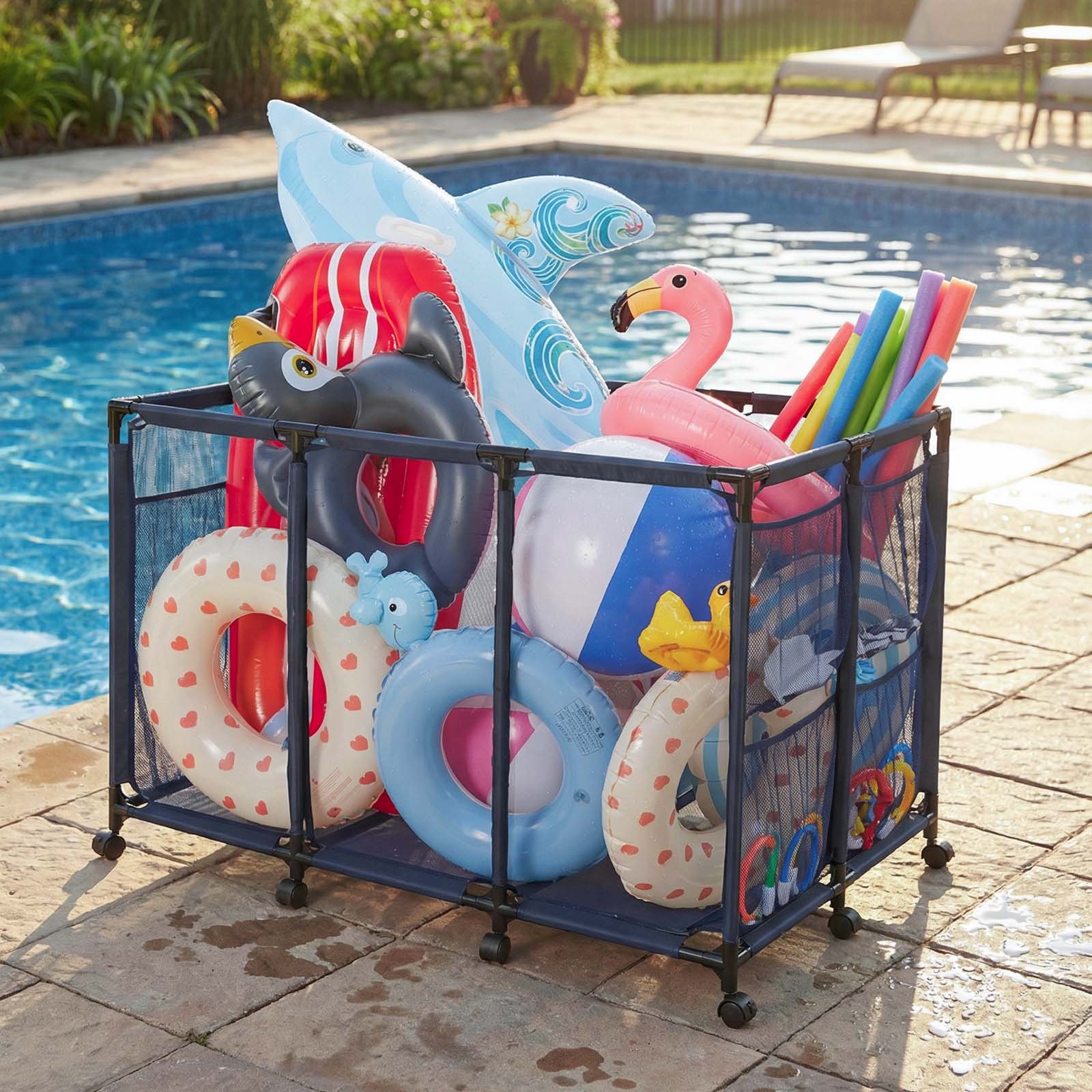 VEVOR Zwembadopbergbox, 125x84x84 cm, Opbergdoos, Opbergkar, Organizer met zijvakken en wielen, Stevig metalen frame, Gaasmand voor zwembadspeelgoed