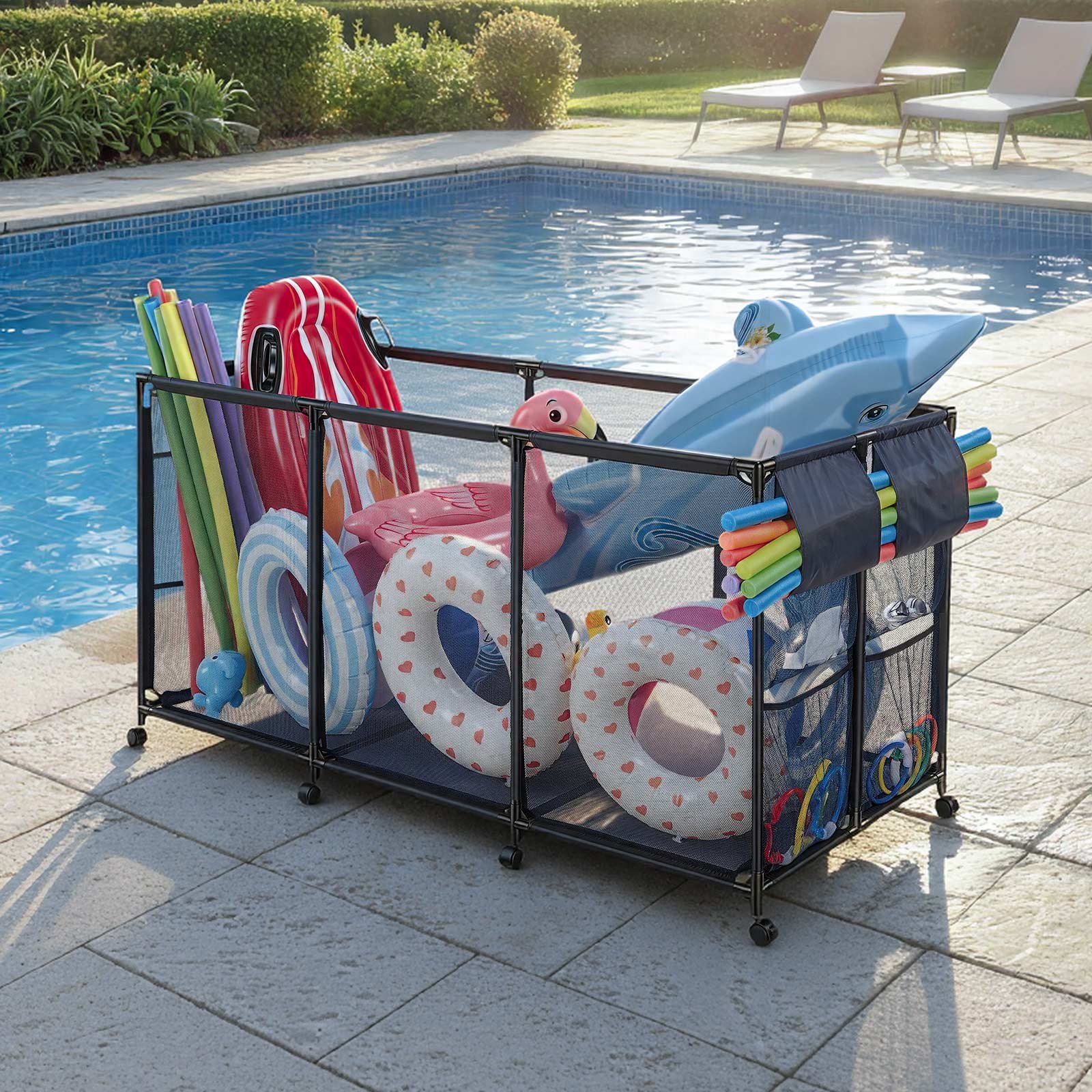 VEVOR Zwembadopbergbak 1755x815x890 mm, organizer met zijvakken, metalen frame, gaasmand, opbergdoos, opbergmand, opbergwagen voor zwembadspeelgoed