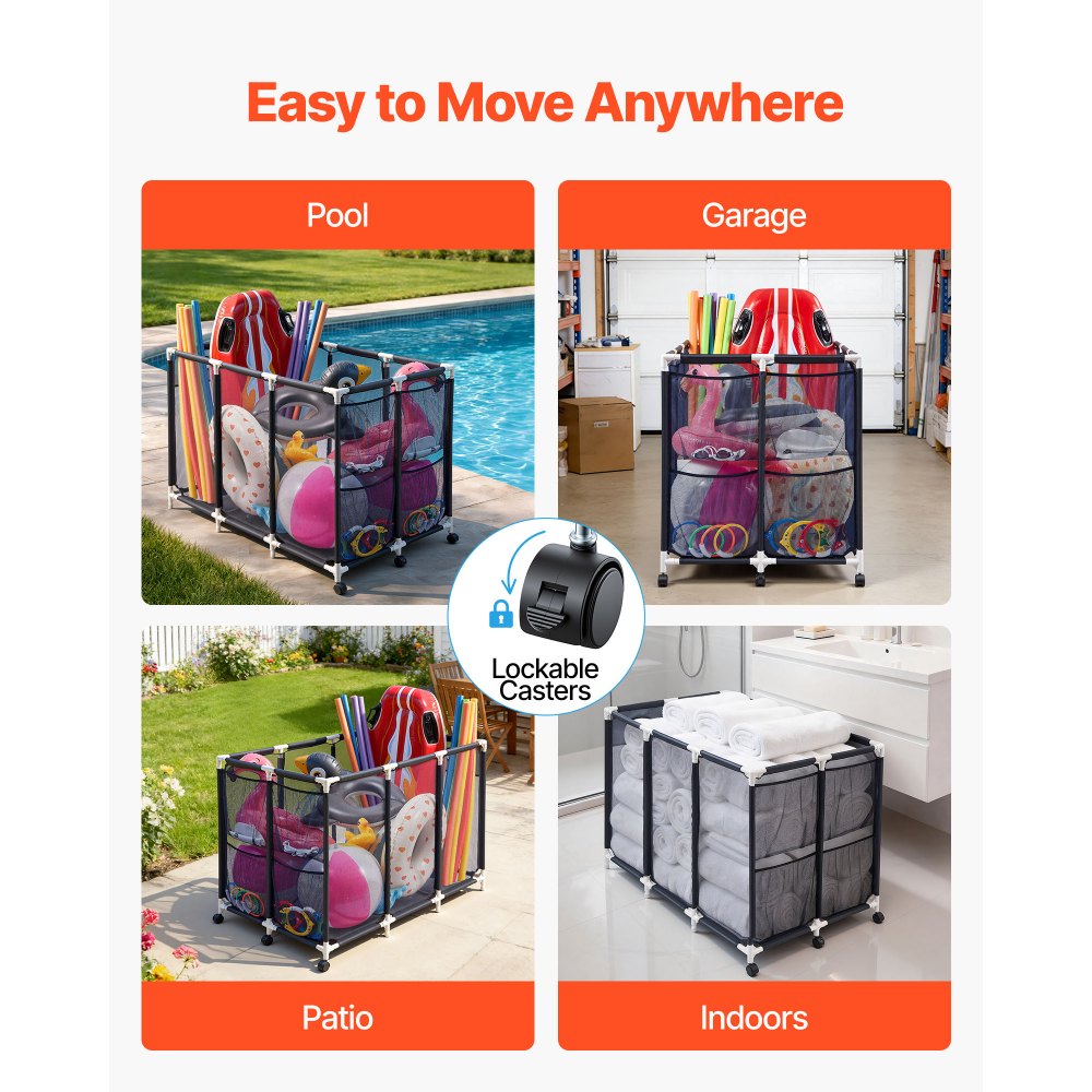 VEVOR Zwembadopbergbox 120 x 77 x 86,5 cm, Zwembadopbergbox met 3 wielen, Gaasorganizer met kunststof frame en zijvakken, Opbergmand voor zwembadnoedels en zwemuitrusting