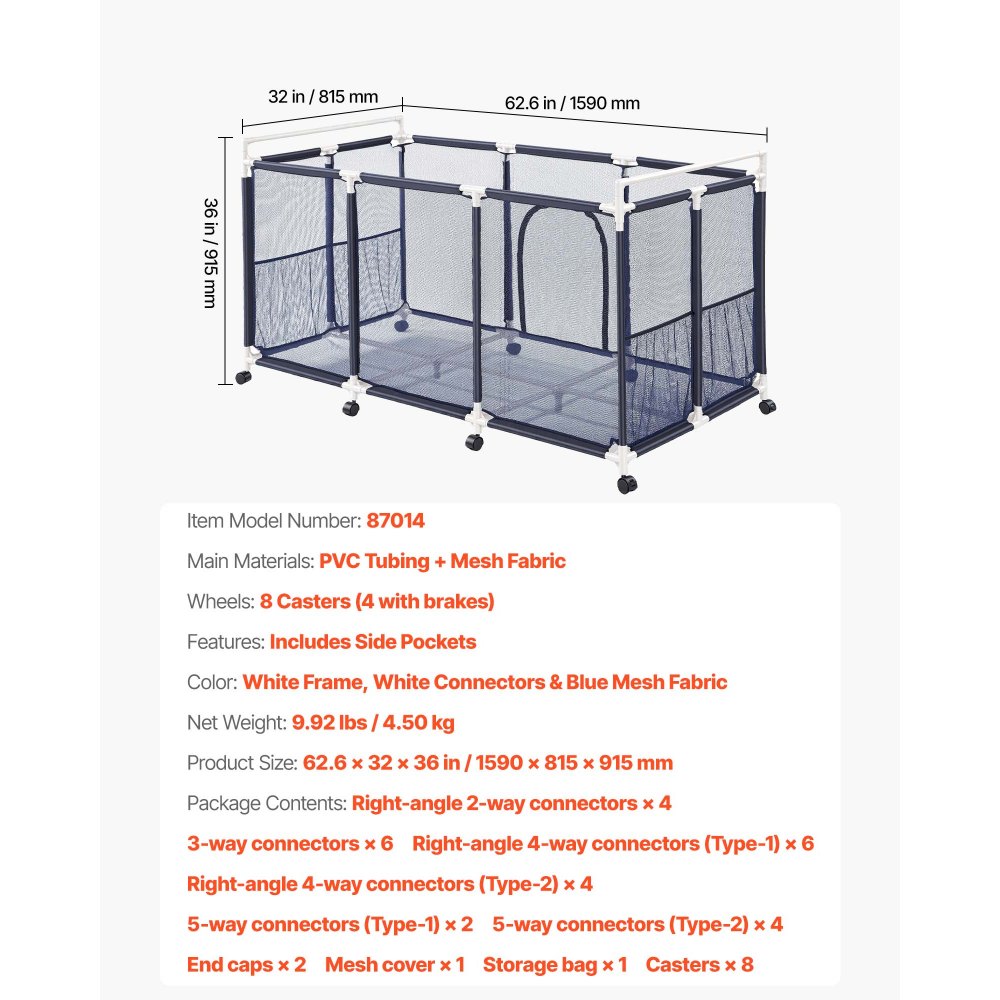 VEVOR Zwembadopbergbak 1590x815x915 mm, organizer met zijvakken, PVC-frame, gaasmand, opbergdoos, opbergmand, opbergkar voor zwembadspeelgoed