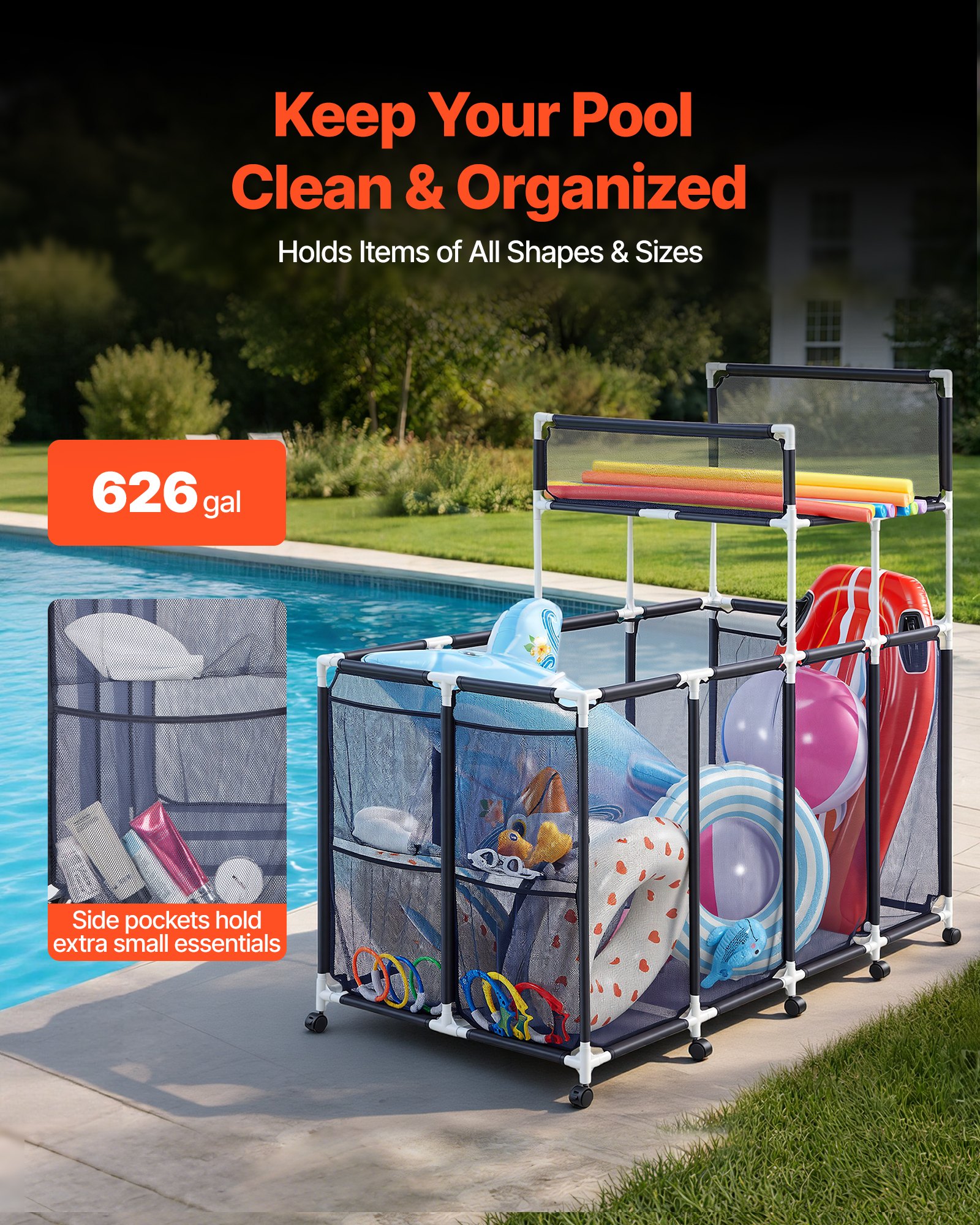 VEVOR Zwembadopbergbak 169x85x165 cm, organizer met zijvakken, PVC-frame, gaasmand, opbergdoos, opbergmand, opbergwagen voor zwembadspeelgoed