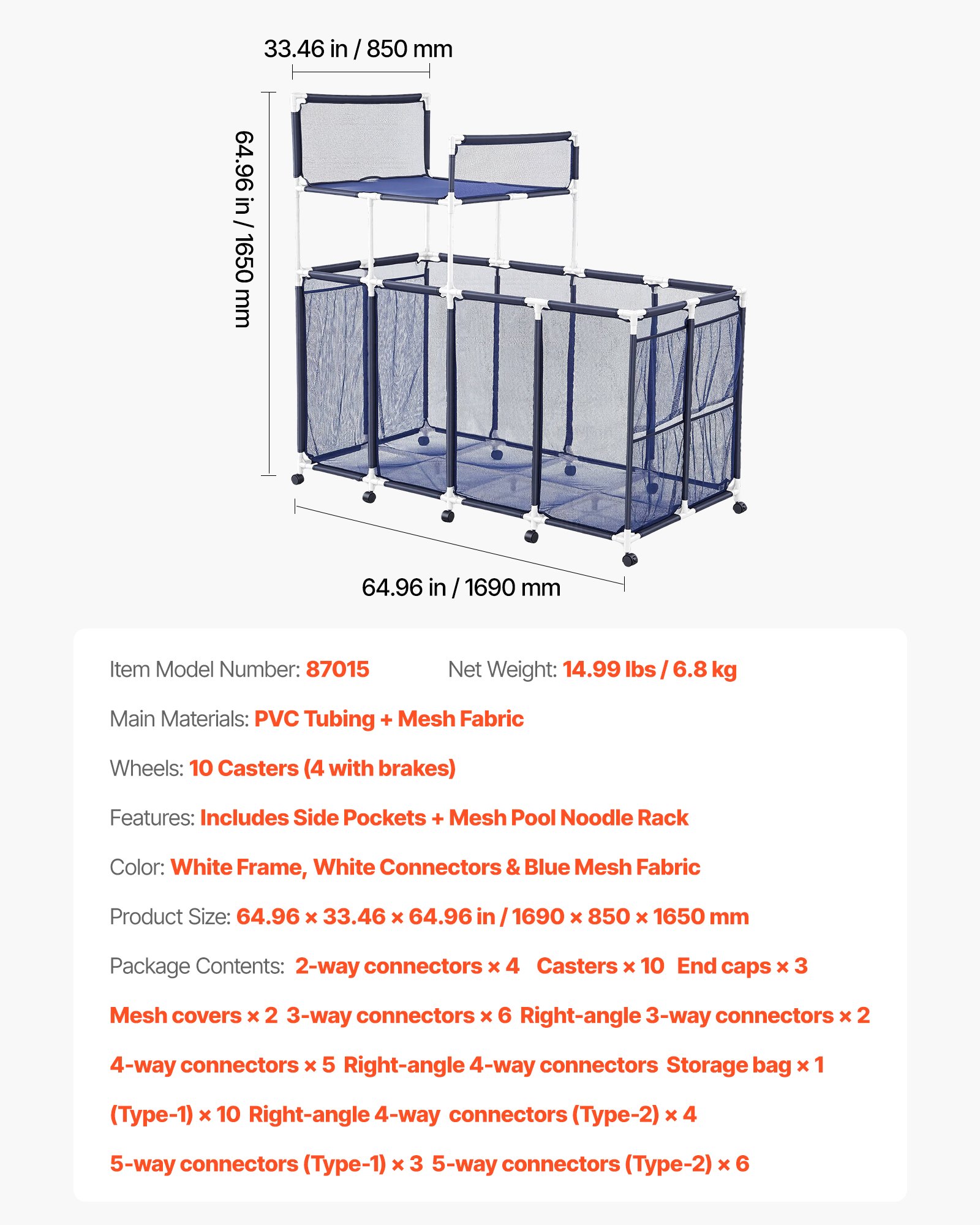 VEVOR Zwembadopbergbak 169x85x165 cm, organizer met zijvakken, PVC-frame, gaasmand, opbergdoos, opbergmand, opbergwagen voor zwembadspeelgoed