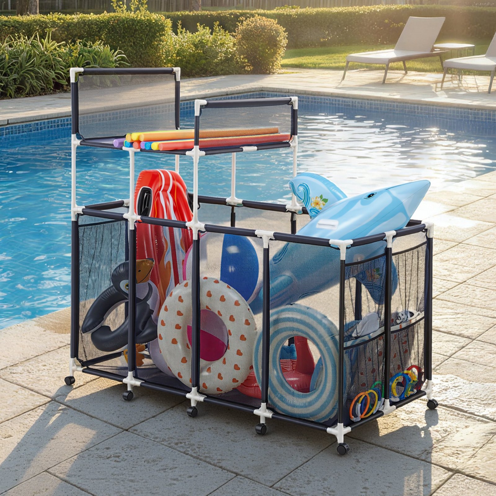 VEVOR Zwembadopbergbak 169x85x165 cm, organizer met zijvakken, PVC-frame, gaasmand, opbergdoos, opbergmand, opbergwagen voor zwembadspeelgoed