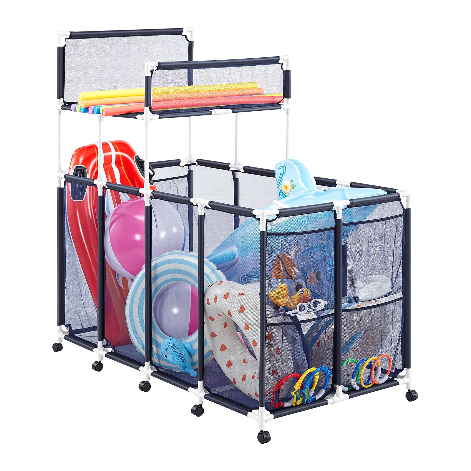 VEVOR Zwembadopbergbak 169x85x165 cm, organizer met zijvakken, PVC-frame, gaasmand, opbergdoos, opbergmand, opbergwagen voor zwembadspeelgoed