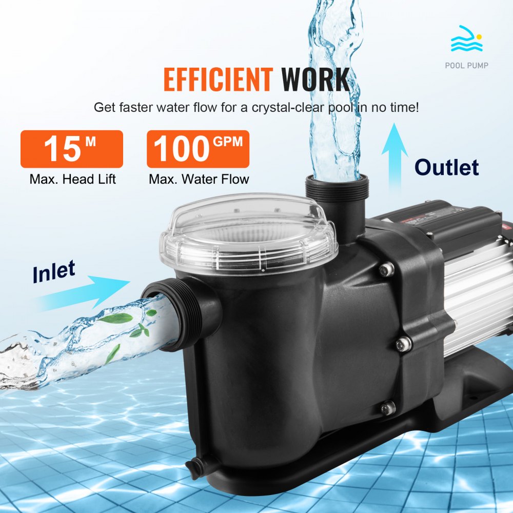 VEVOR Zwembadpomp 1,5 pk, max. 100 GPM, enkelvoudige snelheid zwembadpomp, 220 V, 2850 tpm, max. opvoerhoogte 15 m, filterpomp met filtermand, voor bovengrondse zwembaden, hottubs en spa's