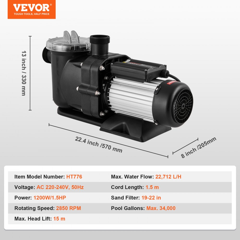 VEVOR Zwembadpomp 1,5 pk, max. 100 GPM, enkelvoudige snelheid zwembadpomp, 220 V, 2850 tpm, max. opvoerhoogte 15 m, filterpomp met filtermand, voor bovengrondse zwembaden, hottubs en spa's