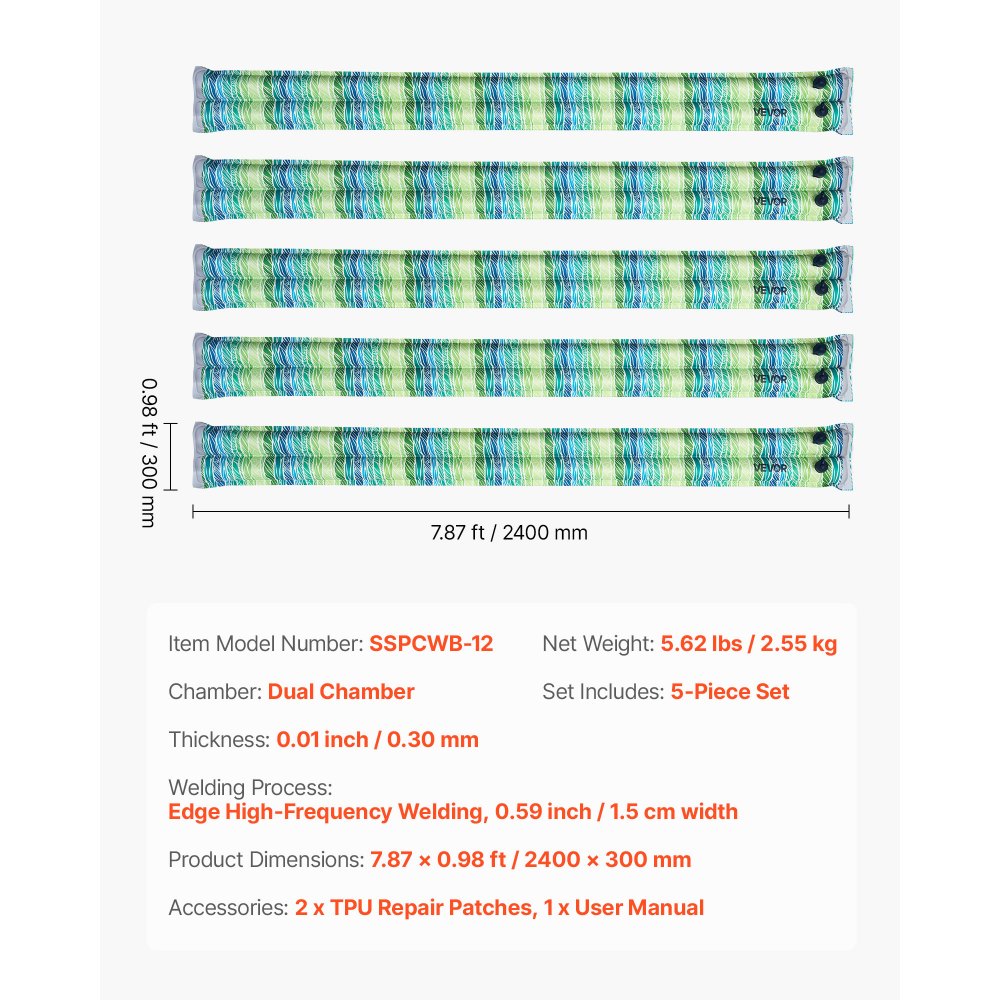 VEVOR zwembadgewichtzakken, set van 5 (240x30 cm), 0,3 mm dikke PVC-waterzakken met reflecterende strips en lekvrije schroefsluiting, voor het vastzetten van zwembadafdekkingen in de winter, groen