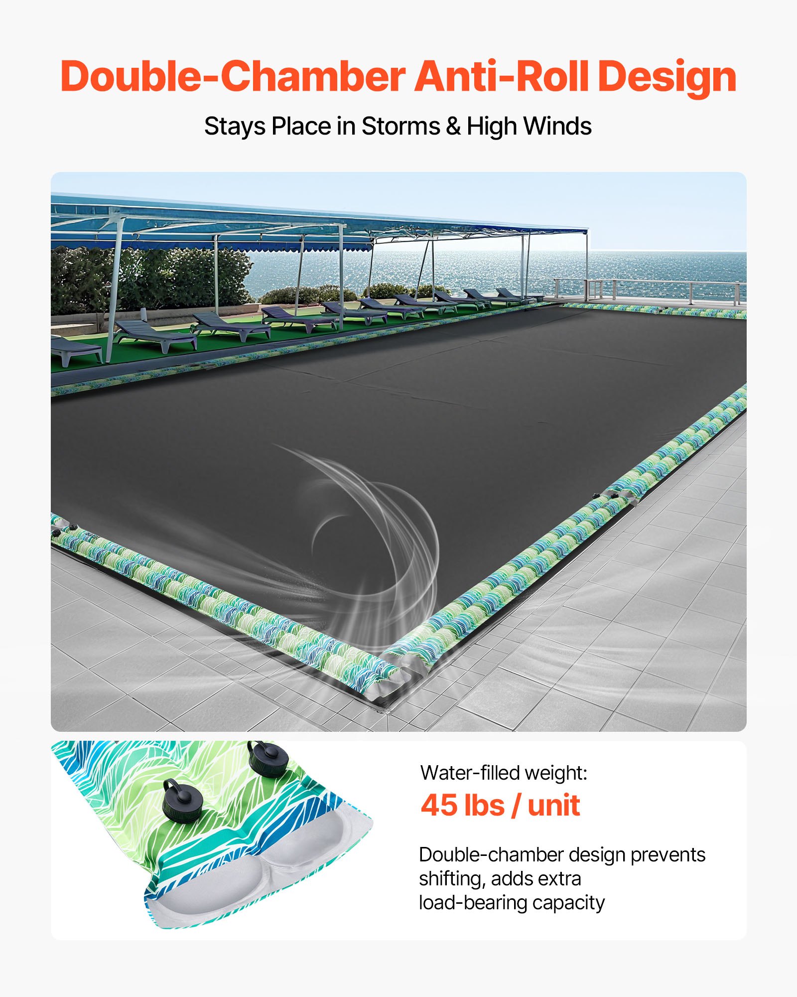 VEVOR zwembadgewichtzakken, set van 5 (240x30 cm), 0,3 mm dikke PVC-waterzakken met reflecterende strips en lekvrije schroefsluiting, voor het vastzetten van zwembadafdekkingen in de winter, groen