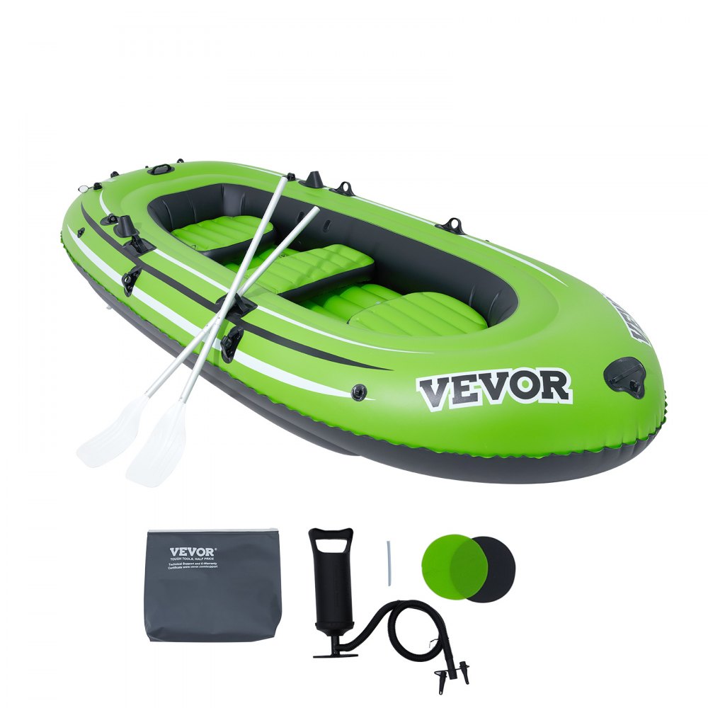 green VEVOR inflatable boat with paddles, pump, repair patches, and carry bag.