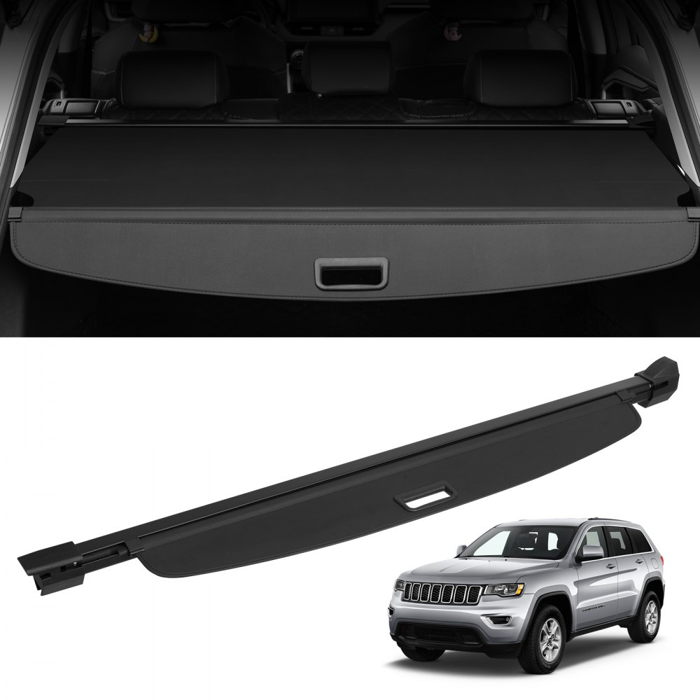 VEVOR jeep grand cherokee cargo cover extending over trunk space with an overhead view, features vehicle below.