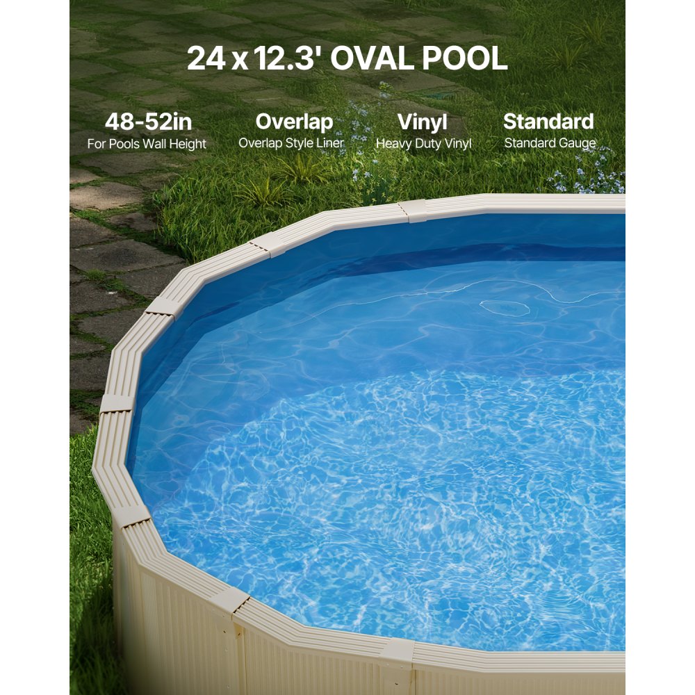 VEVOR Oval Pool Liner, 24 x 12.3 ft, Swimming Pool Liner, Standard Gauge, Durable Vinyl Pool Liner, Overlap Style, Pool Liner Replacement for 52in Wall Height Above Ground Swimming Pool, Solid Color
