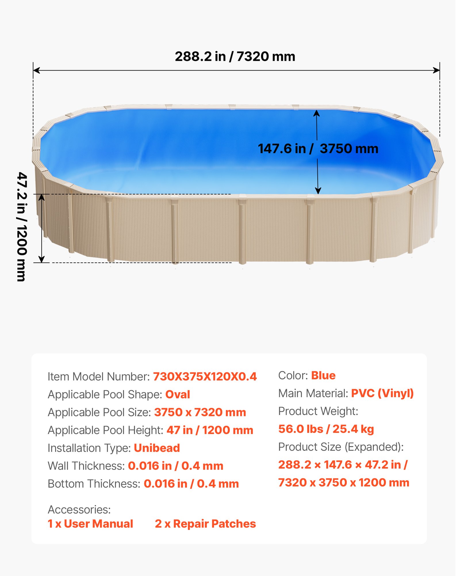 VEVOR zwembadfolie, 3,75 x 7,32 m, voor een wandhoogte van 120 cm, PVC zwembadfolie, 0,4 mm dik, UniBead vervangingsfolie, geschikt voor bovengrondse zwembaden met stalen wanden, blauw