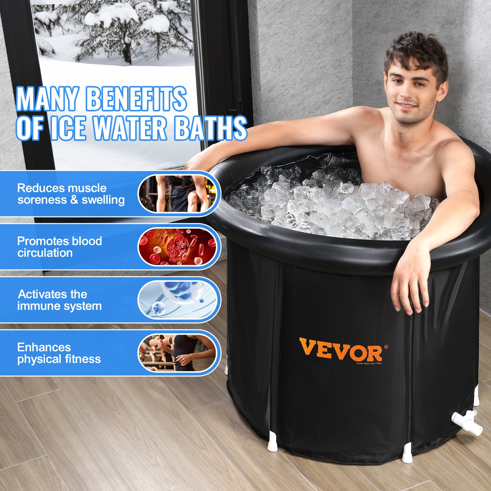 VEVOR Ice Bath Tub, 80 cm Long Cold Water Therapy Plunge Tub for Athletes, Portable Outdoor Ice Barrel Plunge Pool for Recovery, 341L Inflatable Folding Bathtub with Cover, Home Ice Pod for Adult