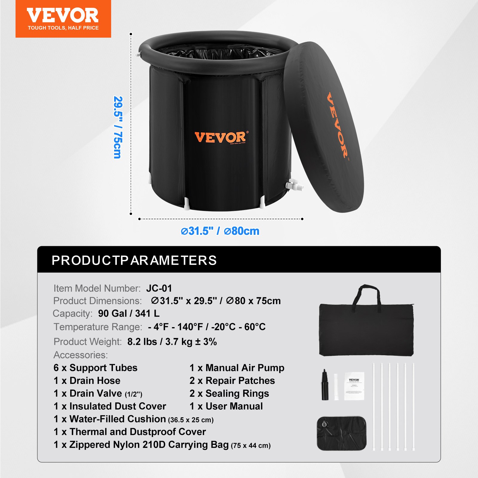 VEVOR Ice Bath Tub, 80 cm Long Cold Water Therapy Plunge Tub for Athletes, Portable Outdoor Ice Barrel Plunge Pool for Recovery, 341L Inflatable Folding Bathtub with Cover, Home Ice Pod for Adult
