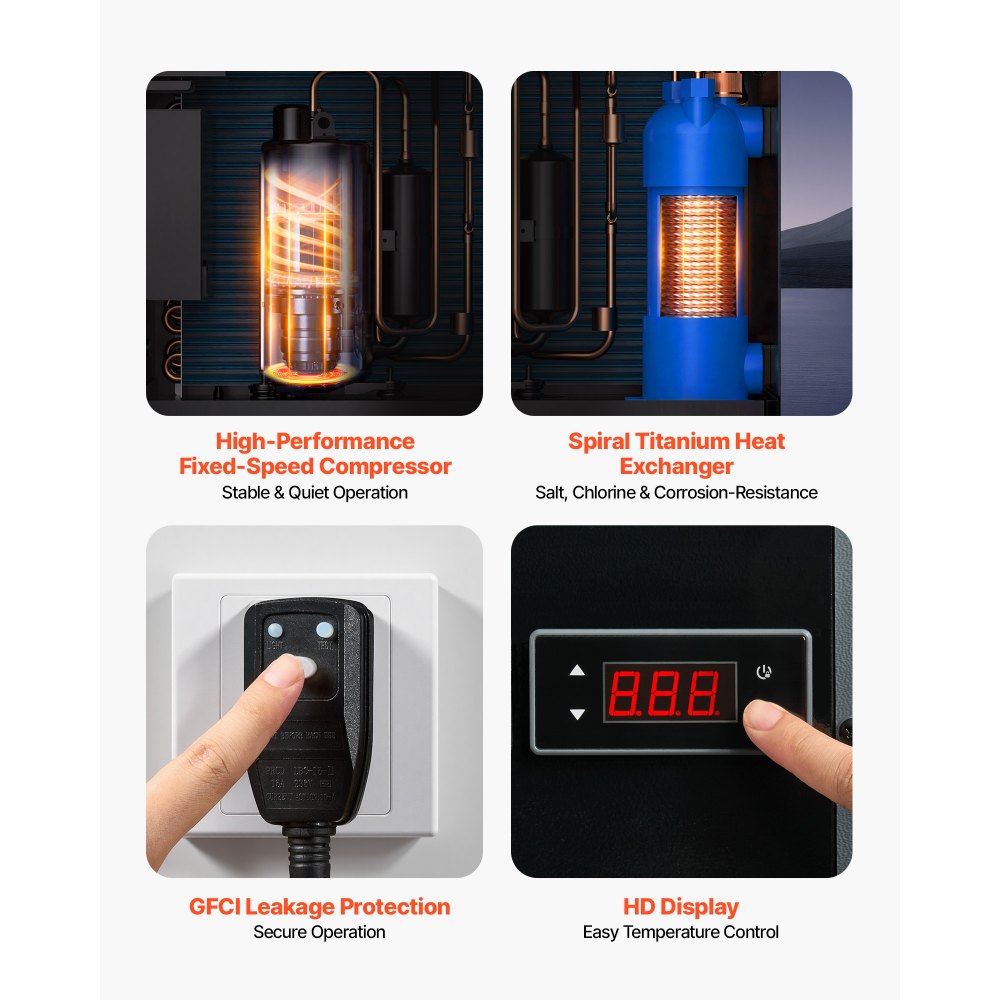 VEVOR zwembadwarmtepomp 4920 W, elektrische zwembadverwarming voor bovengrondse zwembaden tot 18 m³, max. COP 5,29, geluidsarm, aardlekschakelaar (RCD), verwarmingstemperatuur 15–40 °C, verwarmings- en koelmodus, warmtewisselaar