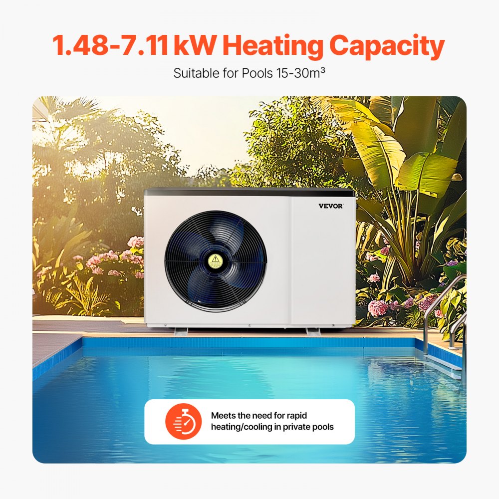 VEVOR Electric Pool Heat Pump, 1.48-7.11kW Heating Capacity, Energy-Saving Variable Frequency Pool Heaters for 15-30m³Above Ground Pools, Heating and Cooling Pool Water Heater AC220-240V 50Hz