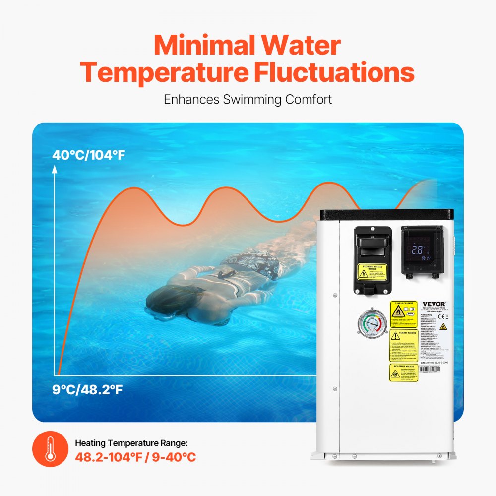 VEVOR elektrische zwembadwarmtepomp, verwarmingscapaciteit 1,48-7,11 kW, energiebesparende zwembadverwarmers met variabele frequentie voor bovengrondse zwembaden van 15-30 m³, verwarming en koeling van zwembadwaterverwarmers
