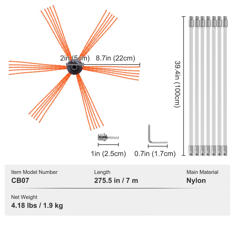 VEVOR kachelpijpborstel 7 m schoorsteenborstels inclusief 7 stangen haardborstel haardborstel nylon schoorsteenborstel veegborstel kachelpijpreiniger roetborstel borstel voor schoorsteen kachelpijpen