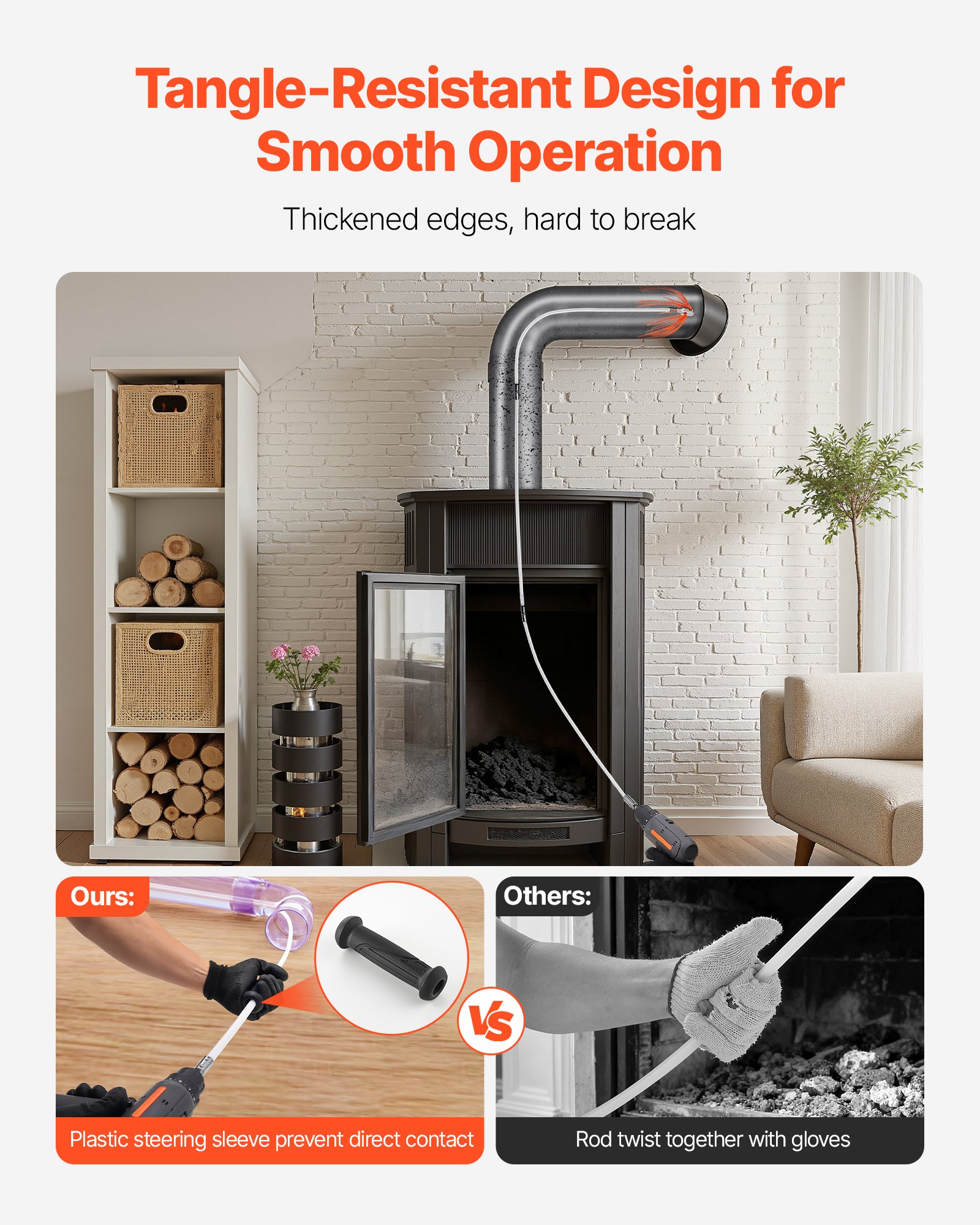VEVOR kachelpijpborstelset, max. 7 m lengte, schoorsteenborstels, schoorsteenveegset, haardborstel, 90° buigbaar schoorsteenreinigingsgereedschap, voor vierkante en rechthoekige schoorstenen