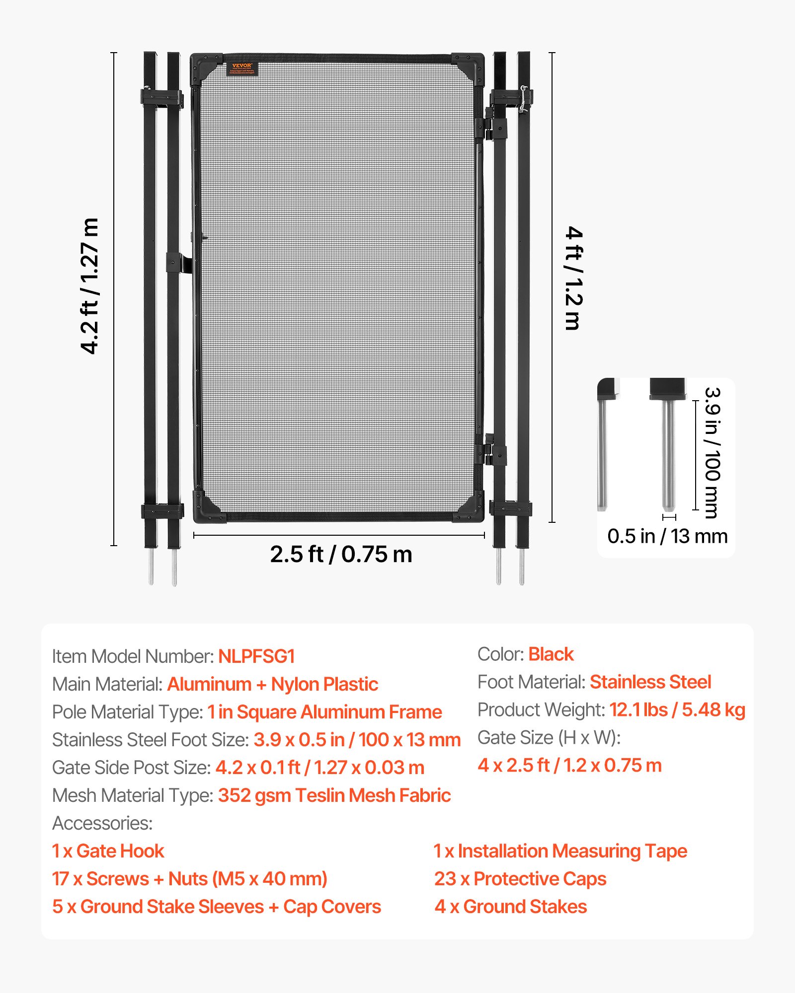 VEVOR Zwembadhekpoort 1,2 x 0,75 m, Deur voor zwembadhek, Kinderveiligheidshek, Veiligheidshekset met metalen bout, 352 g/m² Teslin PVC-doek, Vierkante buis, Afsluitbaar, voor zwembaden, Zwart