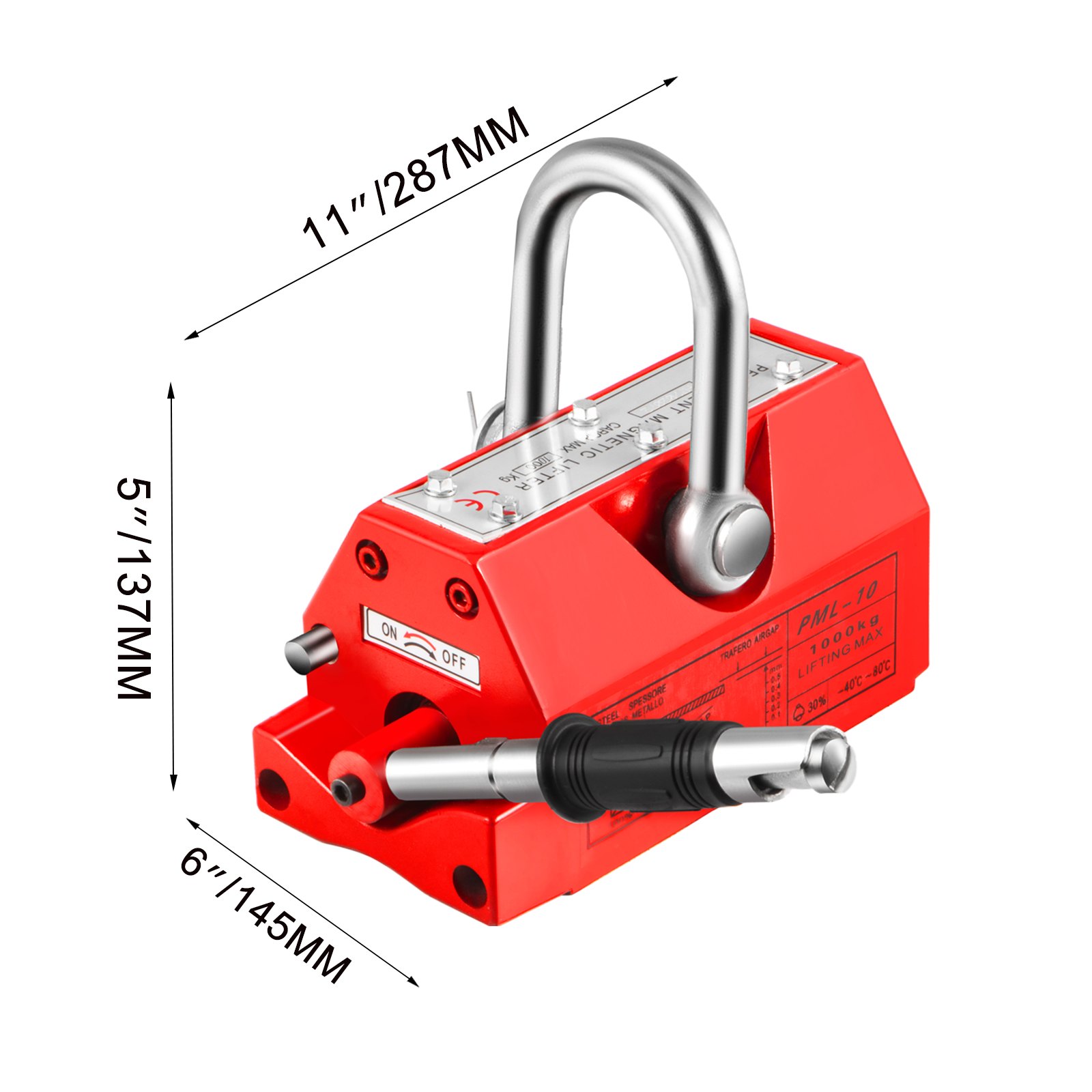 VEVOR Permanente Magnetische Lifter 1000KG/2200LBS Hefmagneet Dikte 40-80mm Kraanmagneet 287 x 145 x 137mm Rood Magnetic Lifter Tool voor Heffen Magnetisch Materiaal Staalplaat/Blok/Staaf/Cilindrisch