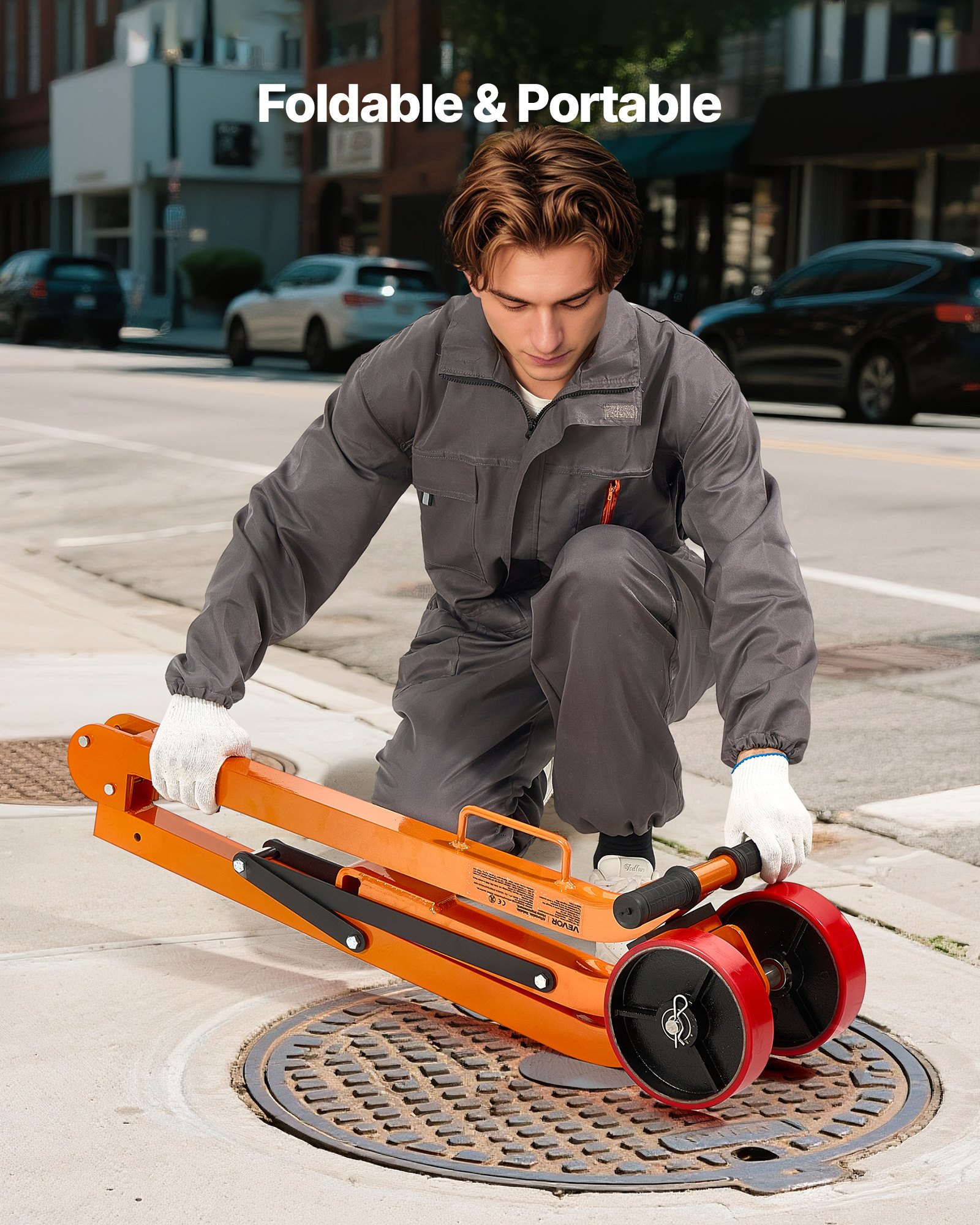 VEVOR Magnetic Lid Lifter Dolly, 600 kg Pulling Capacity, Steel Dolly with Heavy Duty Magnet Lift and 2 Wheels, Adjustable Handle, N42 Neodymium, Foldable and Portable, for Lifting Manhole Covers