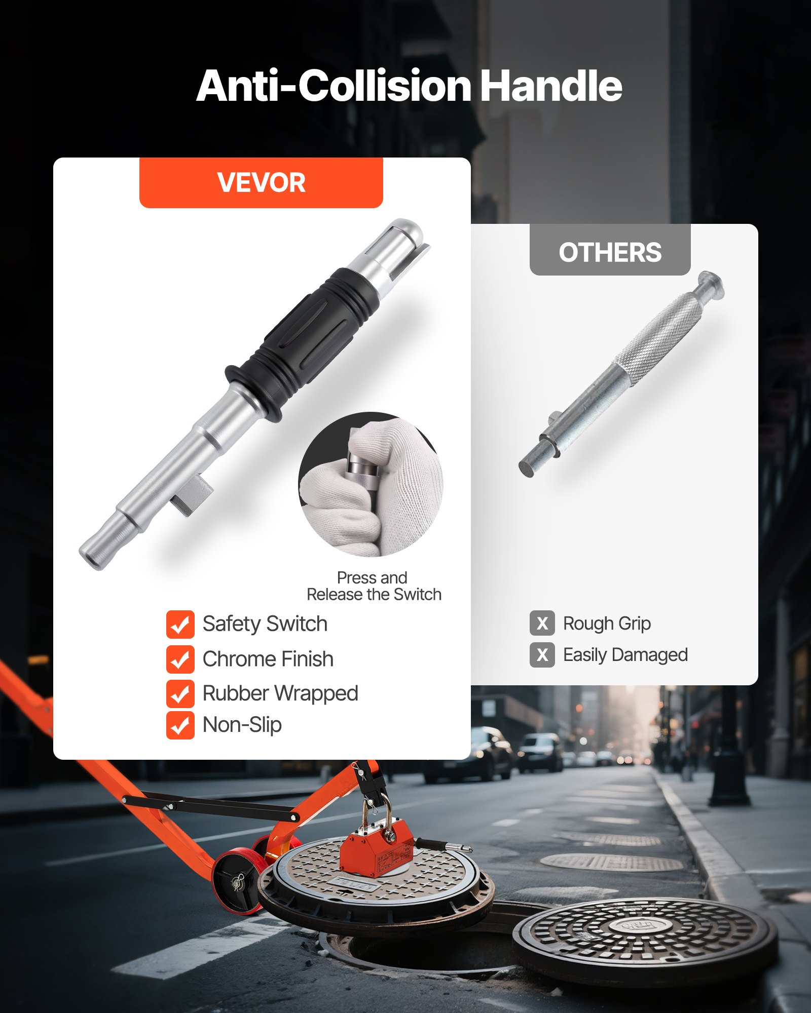 VEVOR Magnetic Lid Lifter Dolly, 600 kg Pulling Capacity, Steel Dolly with Heavy Duty Magnet Lift and 2 Wheels, Adjustable Handle, N42 Neodymium, Foldable and Portable, for Lifting Manhole Covers