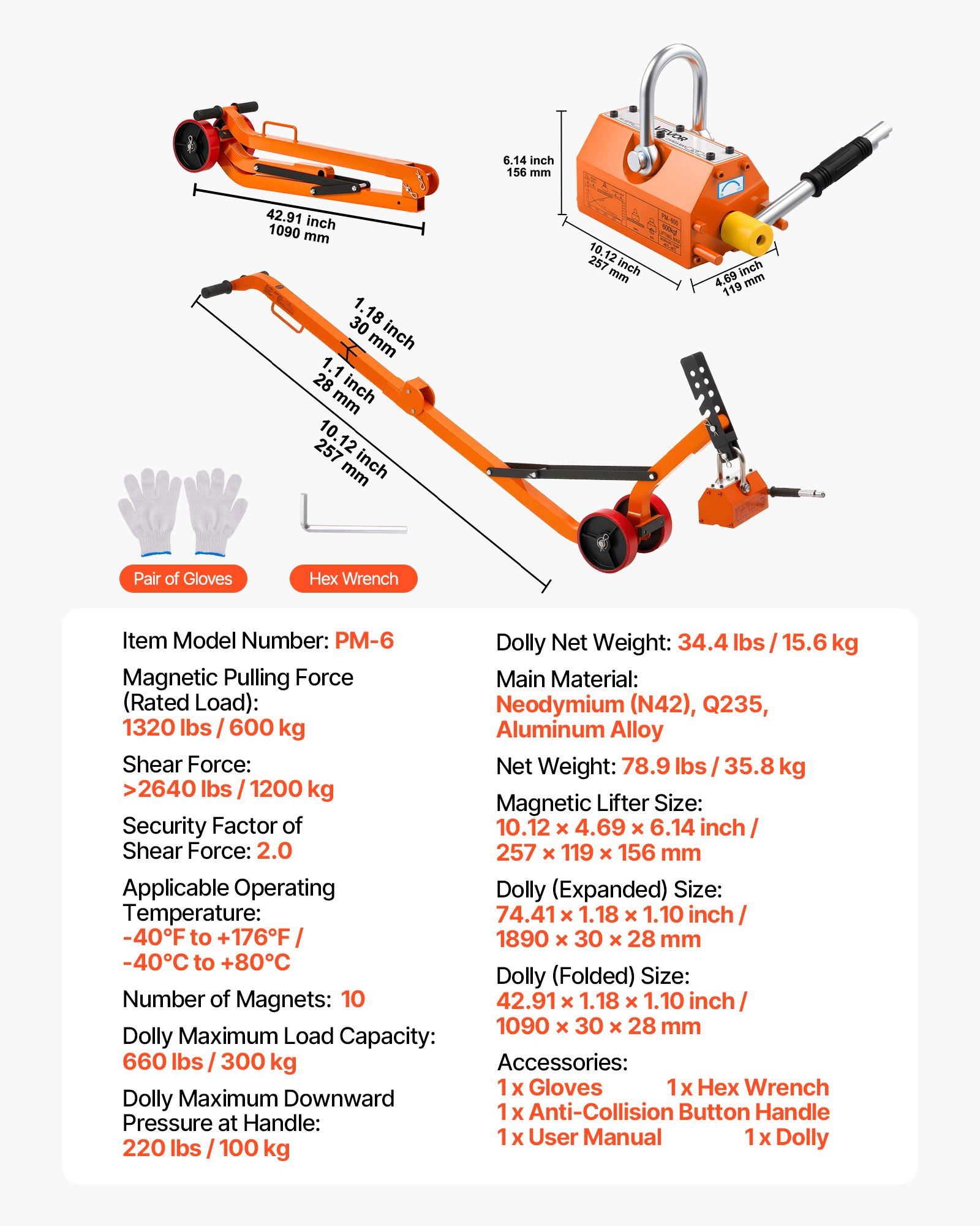 VEVOR Hefmagneet Permanente Magnetische Hefmachine met Trolley, 600 kg Trekkracht, Stalen Trolley met Zware Magnetische Hefmachine & 2 Wielen & Verstelbare Handgreep, voor het Heffen van Putdeksels