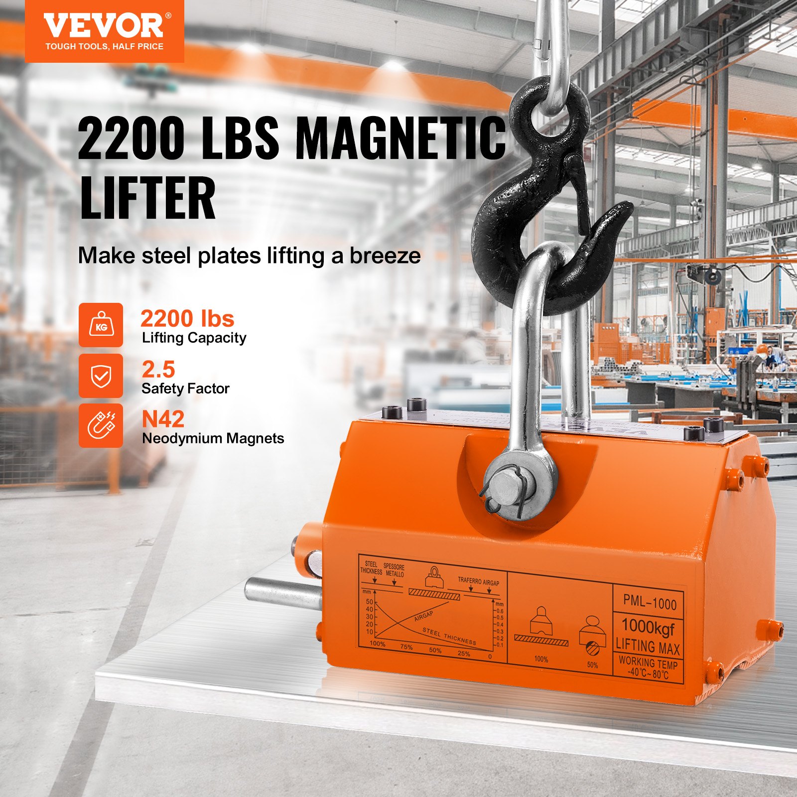 VEVOR Hefmagneet Kraanmagneet (1000 kg draagvermogen, 2500 kg trekkracht, -40 tot 80 °C), 12 stuks. Magneten Handbediende vorkhefmagneet Magnetische hefmagneet Gele neodymium hefmagneet