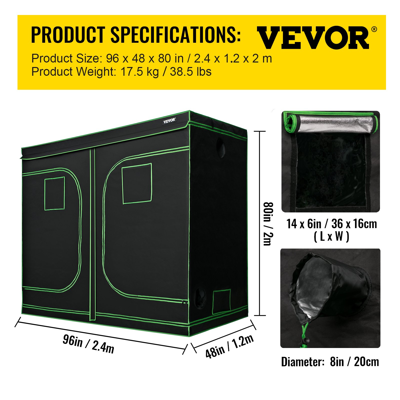 VEVOR Kweektent 243,8x121,9x203,2 cm Hydrocultuur Kweektent Zwart Binnengroeitent Gemaakt van 600D Oxford-doek met Observatievensters en Uitneembare Vloerbak voor het Kweken van Verschillende Planten